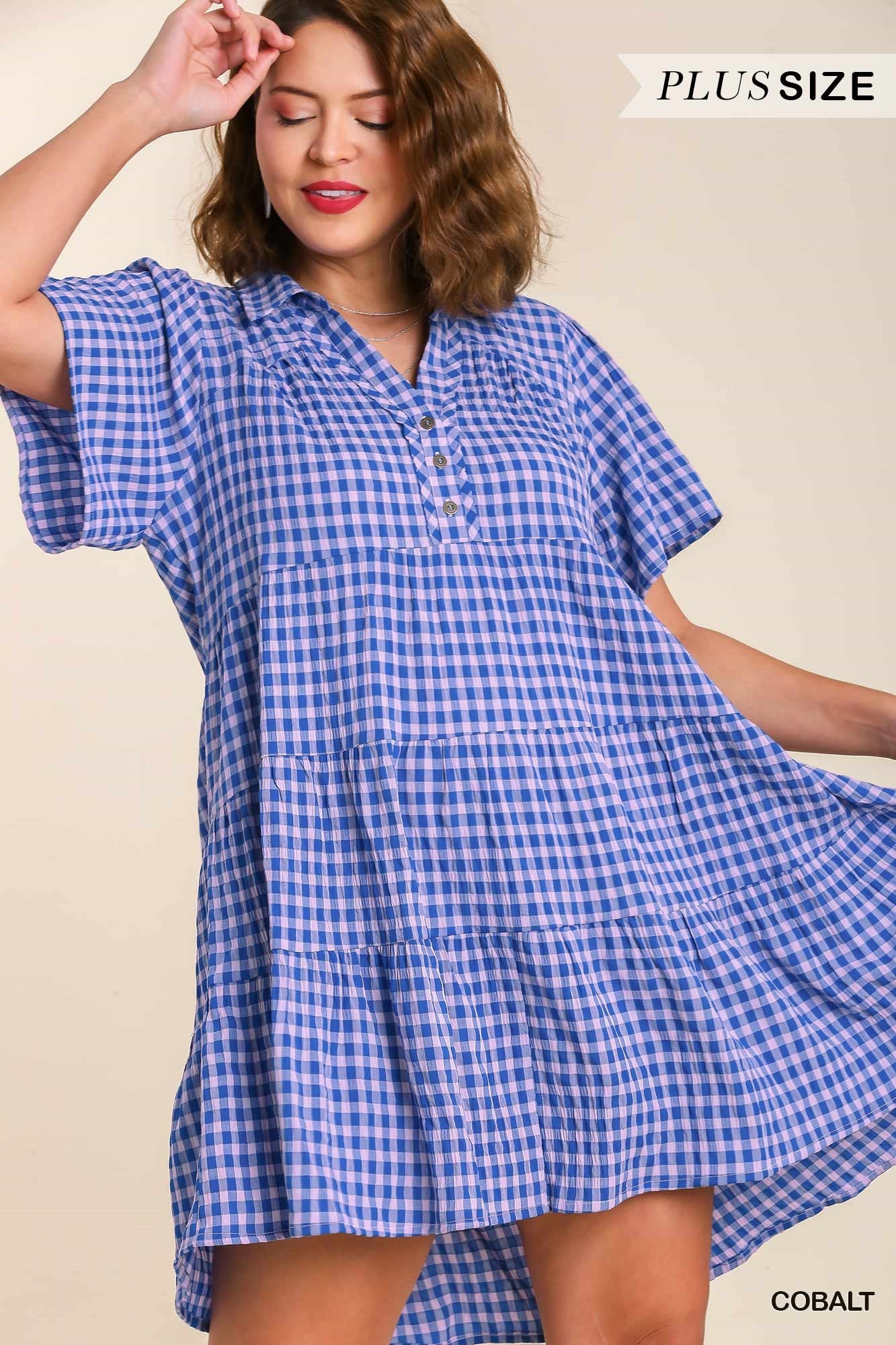 Umgee Plus Gingham Tiered Collared Button Button Short Sleeve Dress