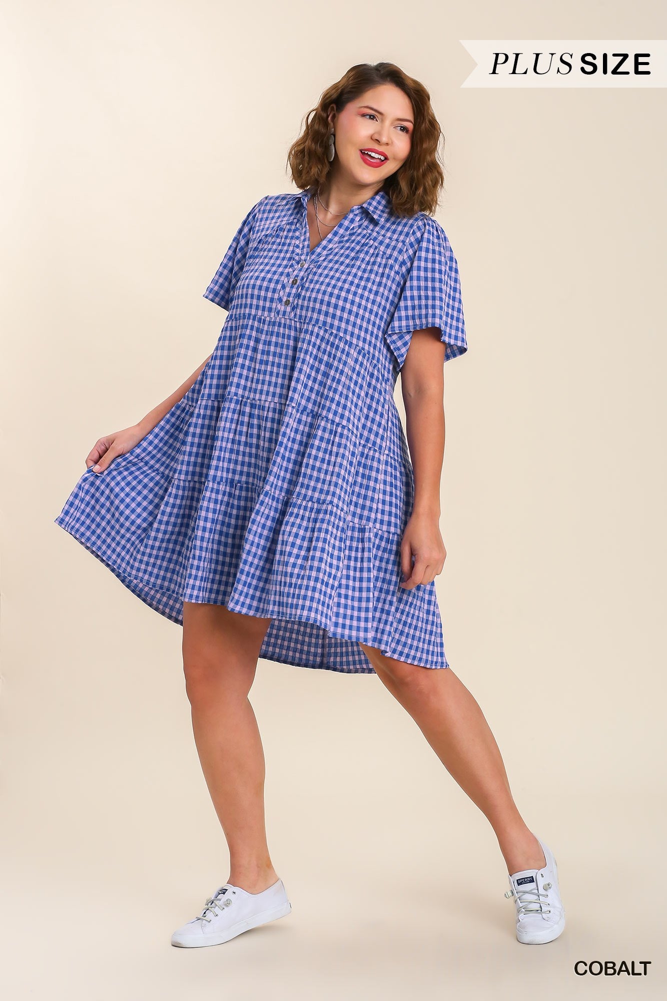 Umgee Plus Gingham Tiered Collared Button Button Short Sleeve Dress