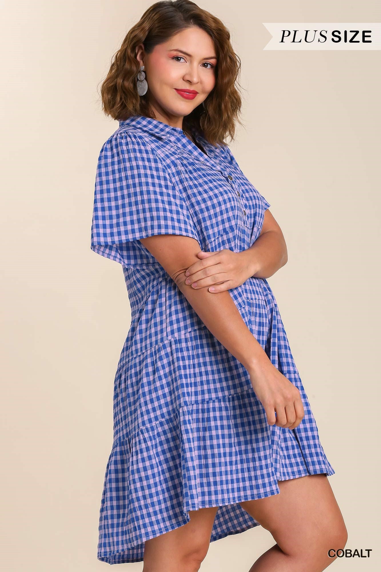 Umgee Plus Gingham Tiered Collared Button Button Short Sleeve Dress