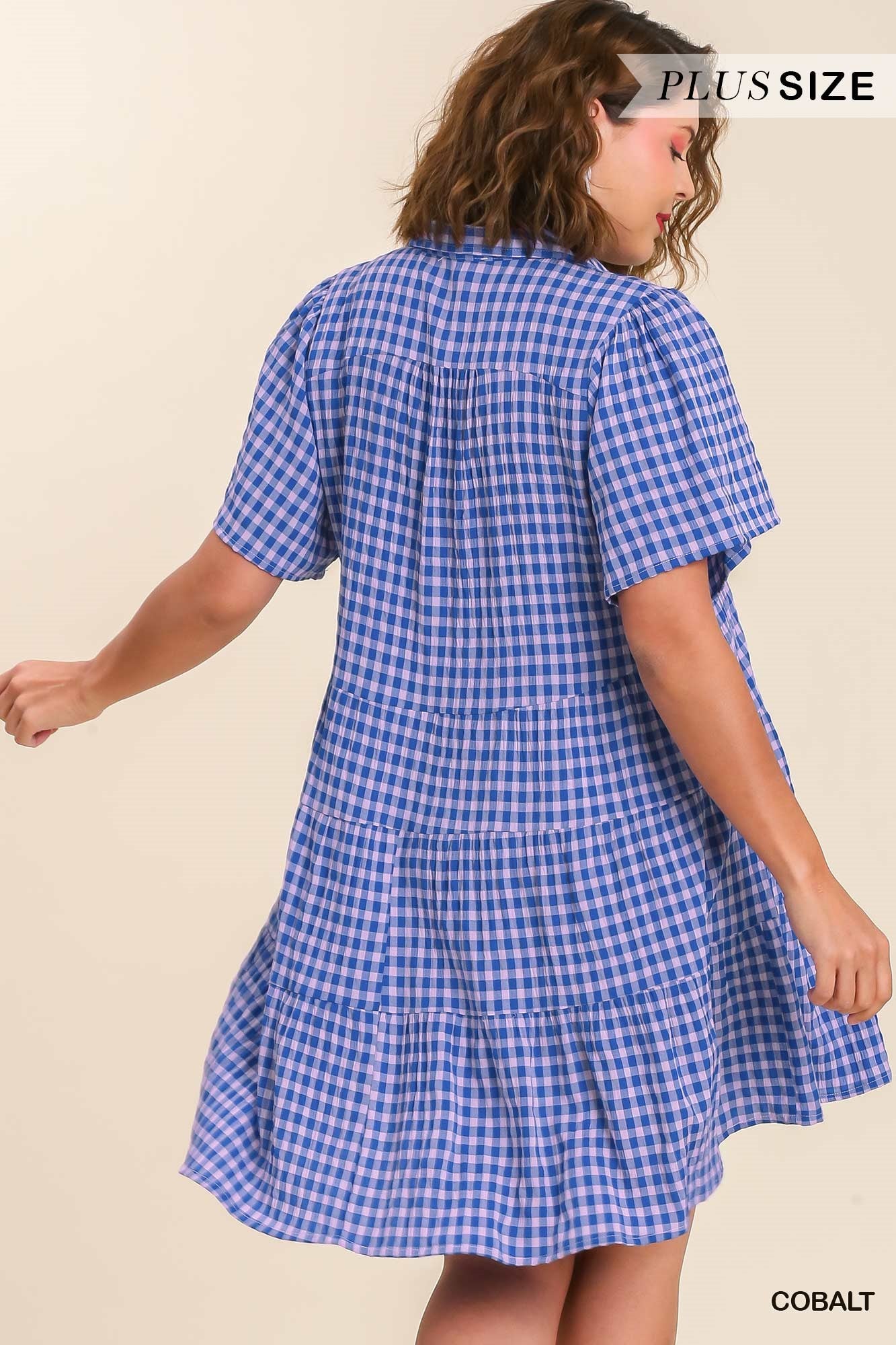 Umgee Plus Gingham Tiered Collared Button Button Short Sleeve Dress