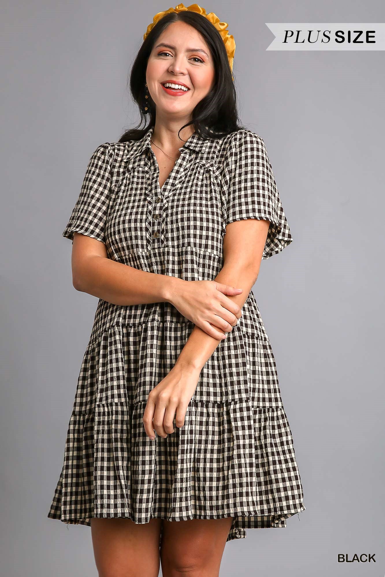 Umgee Plus Gingham Tiered Collared Button Button Short Sleeve Dress