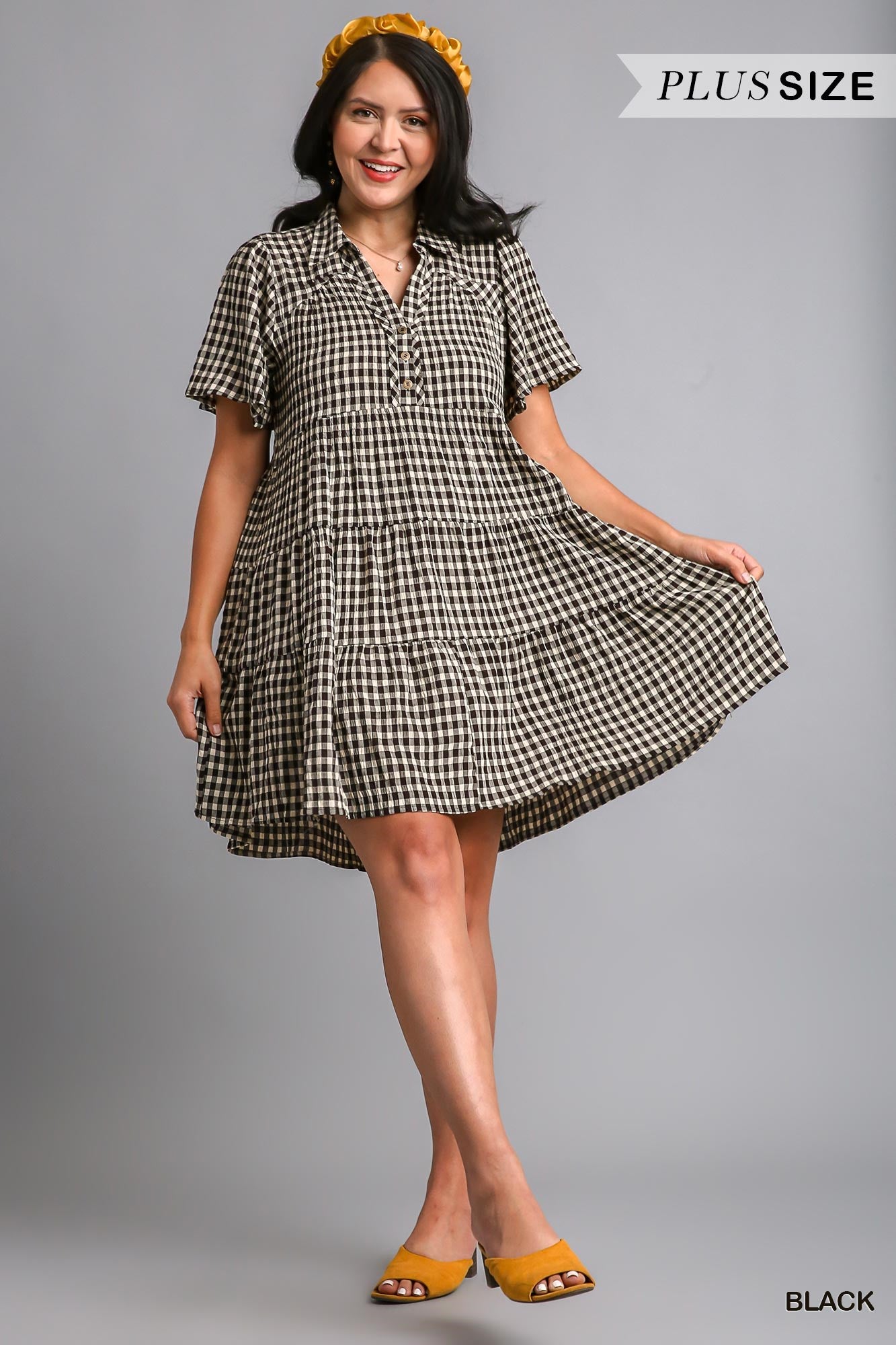 Umgee Plus Gingham Tiered Collared Button Button Short Sleeve Dress