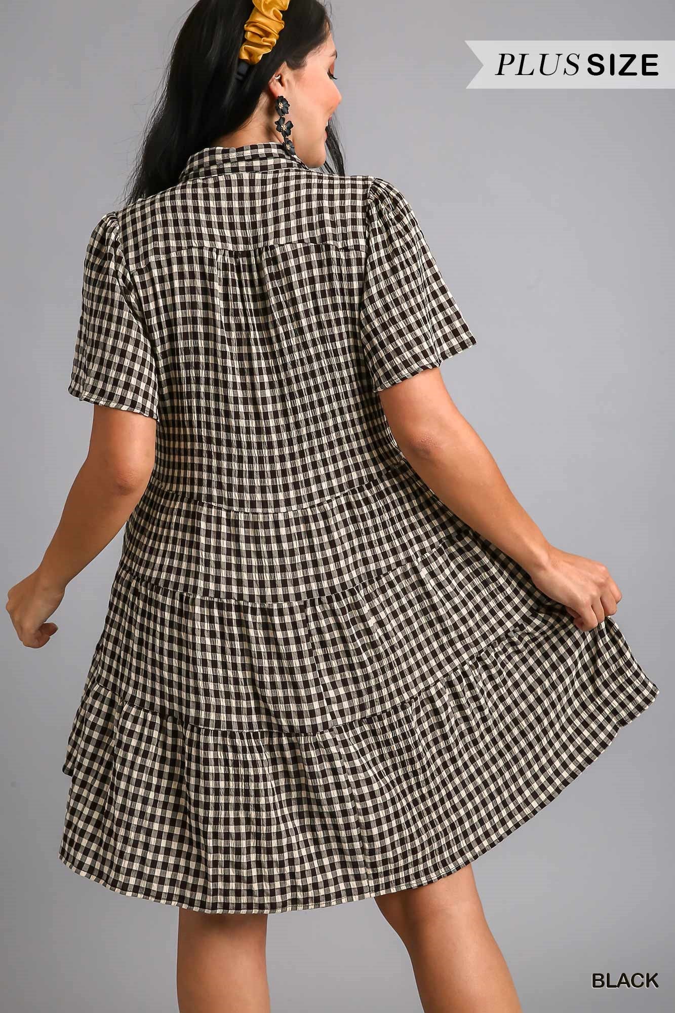 Umgee Plus Gingham Tiered Collared Button Button Short Sleeve Dress