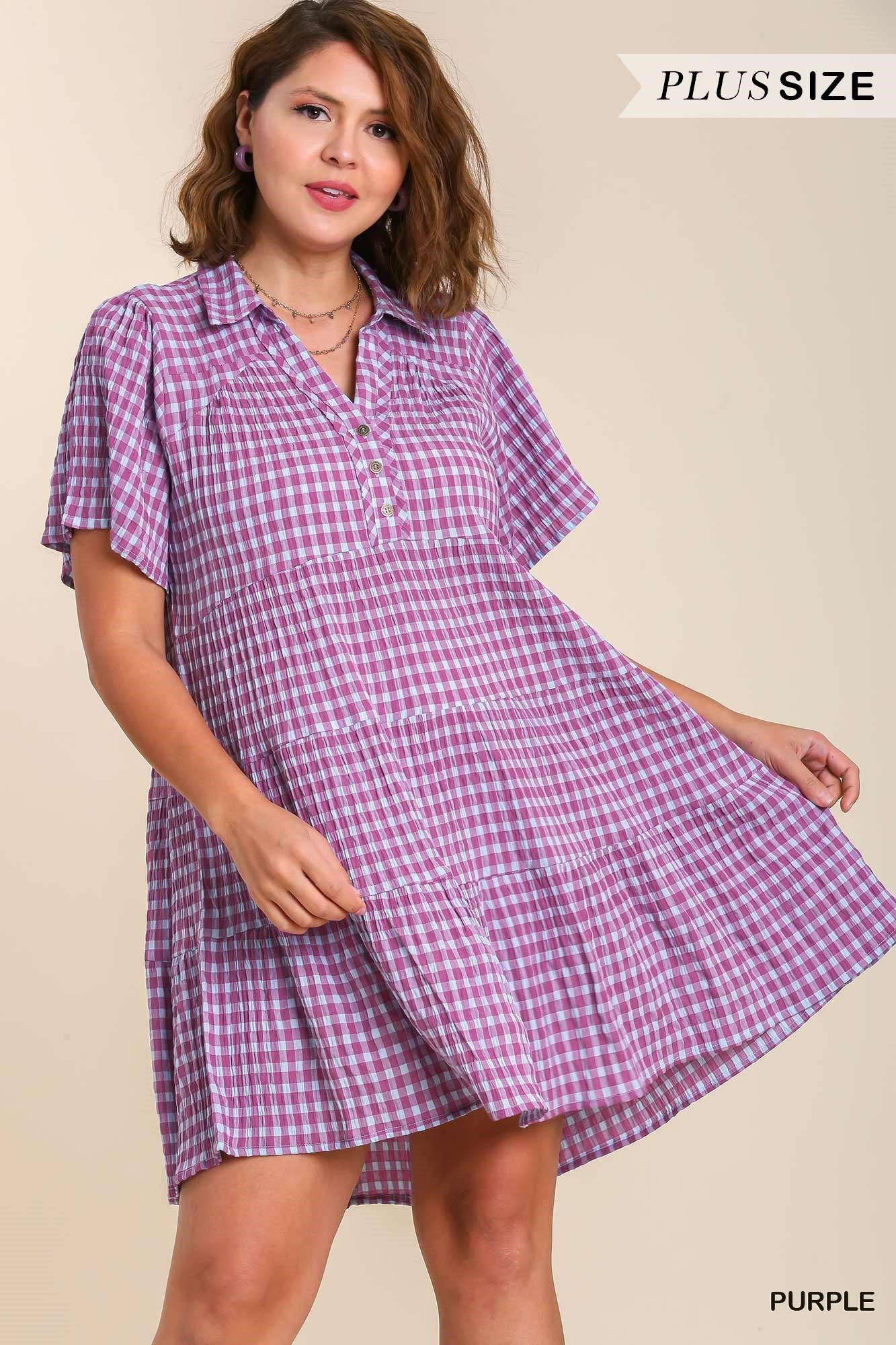 Umgee Plus Gingham Tiered Collared Button Button Short Sleeve Dress