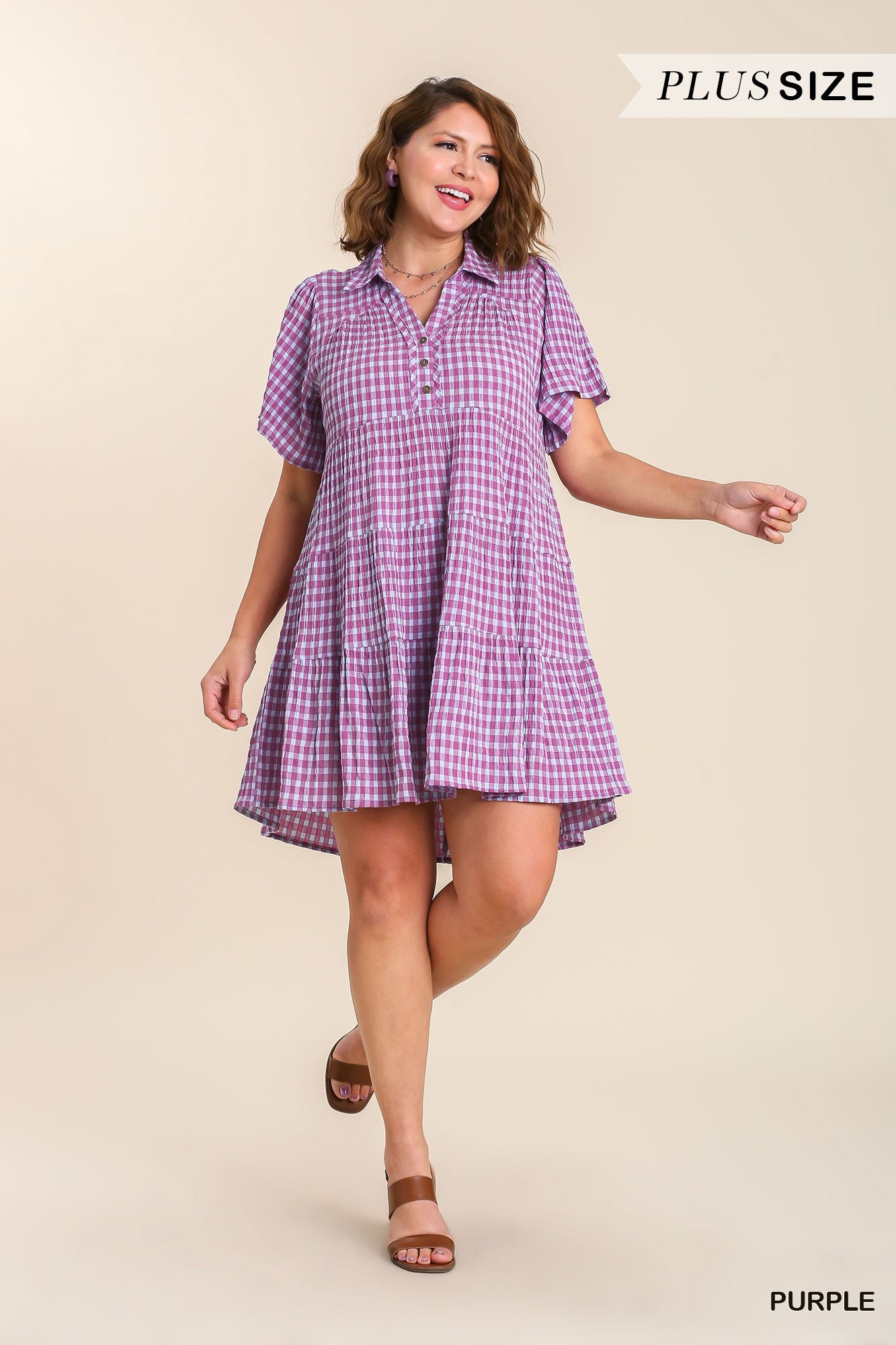 Umgee Plus Gingham Tiered Collared Button Button Short Sleeve Dress