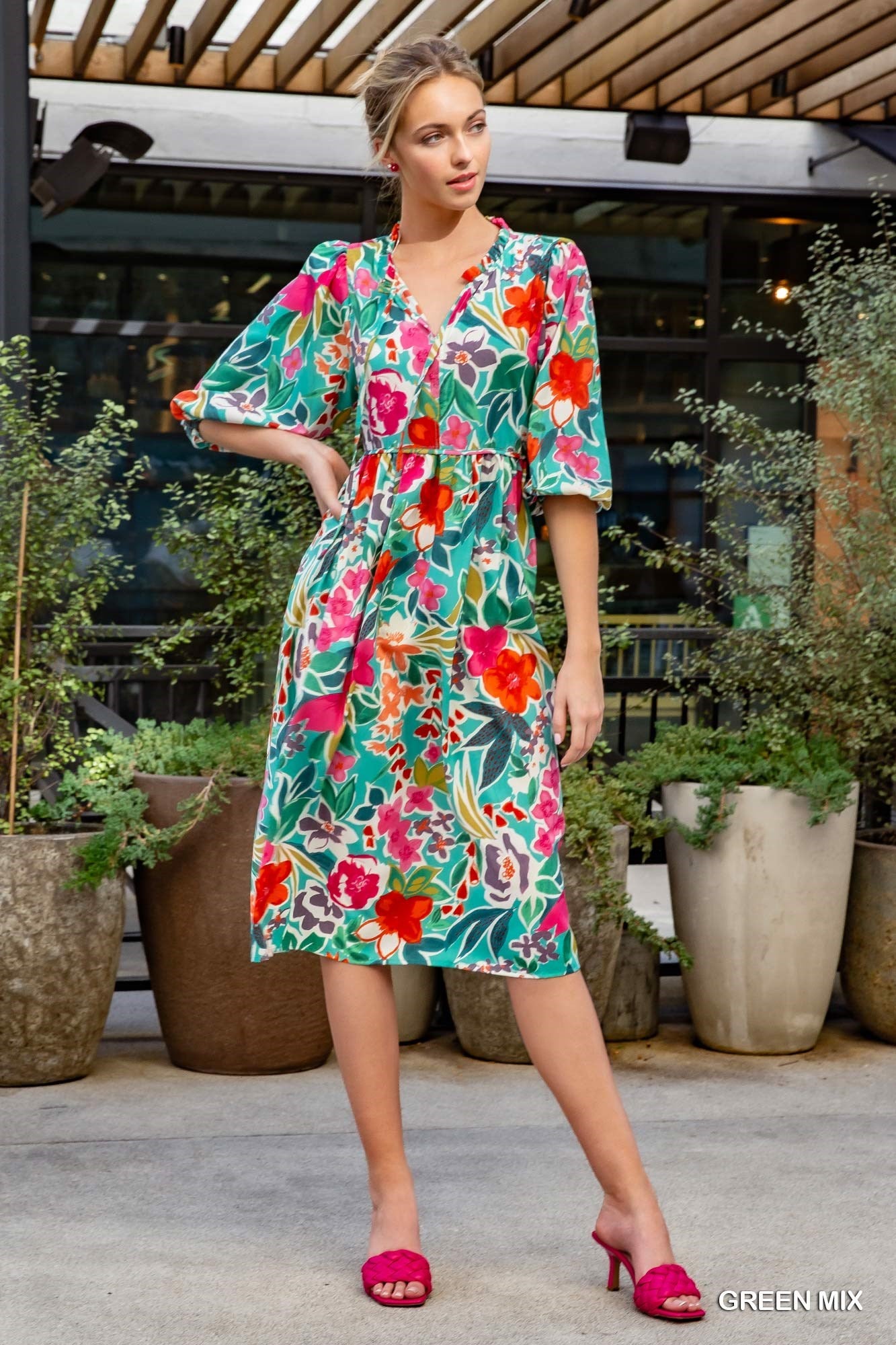 Umgee Mix Floral Print V-Notch Puff Sleeves Neck Tie Peasant Midi Dress - Roulhac Fashion Boutique