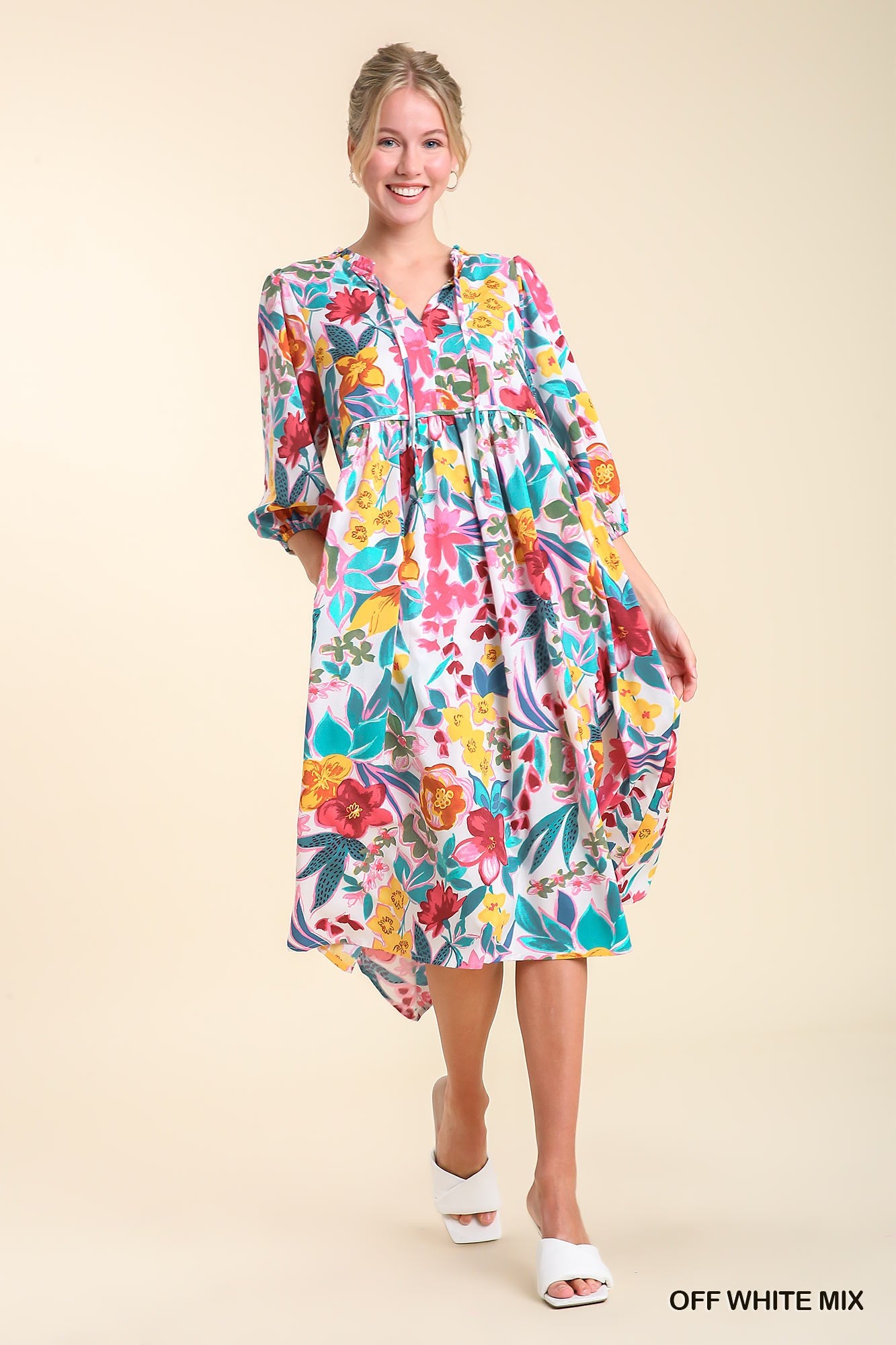 Umgee Mix Floral Print V-Notch Puff Sleeves Neck Tie Peasant Midi Dress