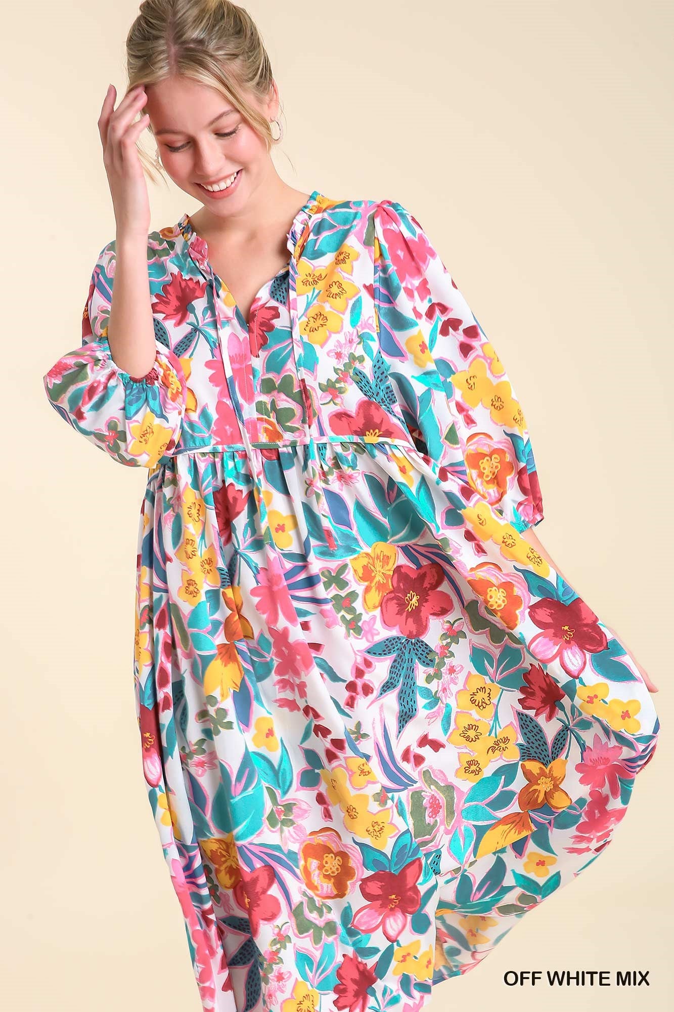 Umgee Mix Floral Print V-Notch Puff Sleeves Neck Tie Peasant Midi Dress