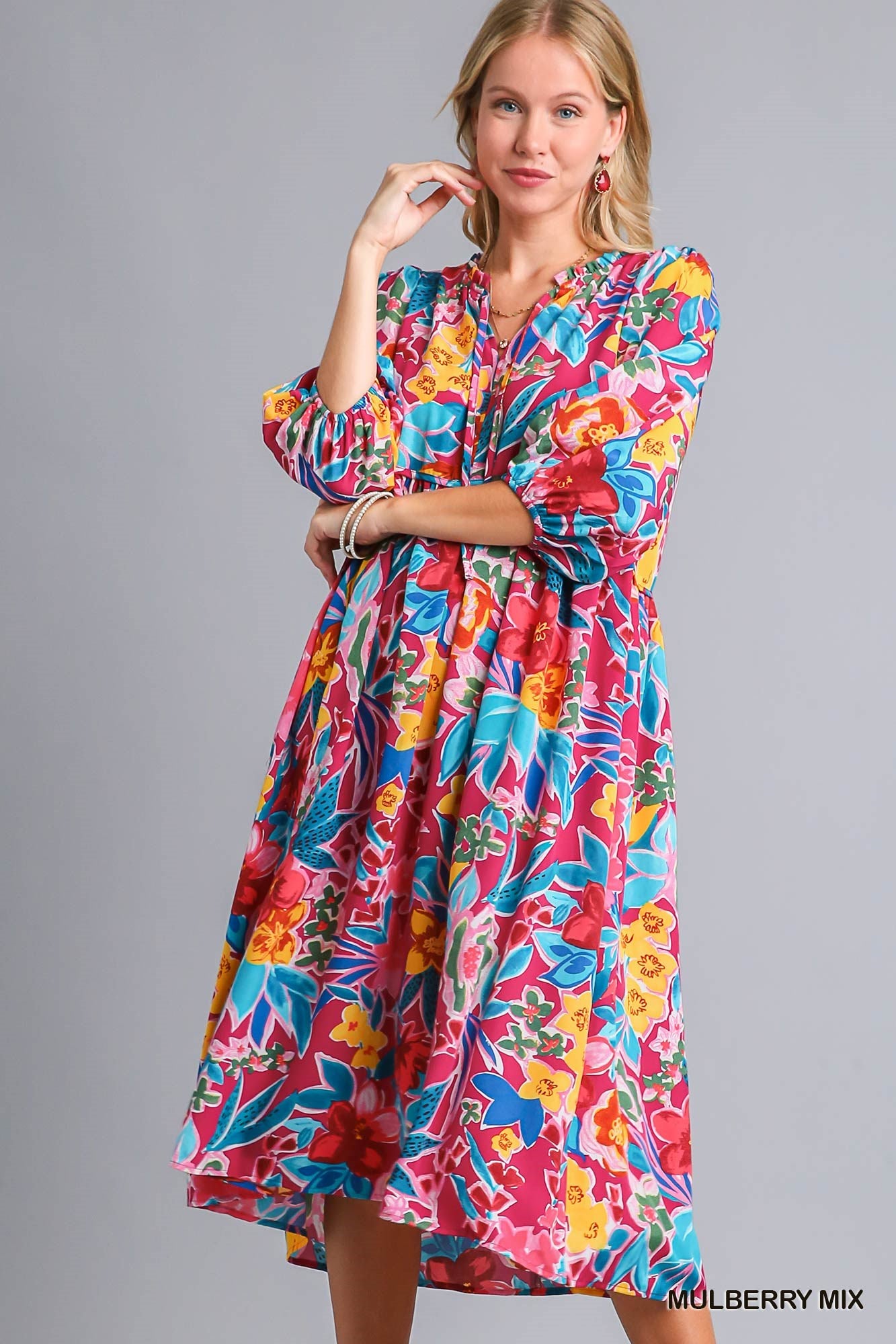 Umgee Mix Floral Print V-Notch Puff Sleeves Neck Tie Peasant Midi Dress - Roulhac Fashion Boutique