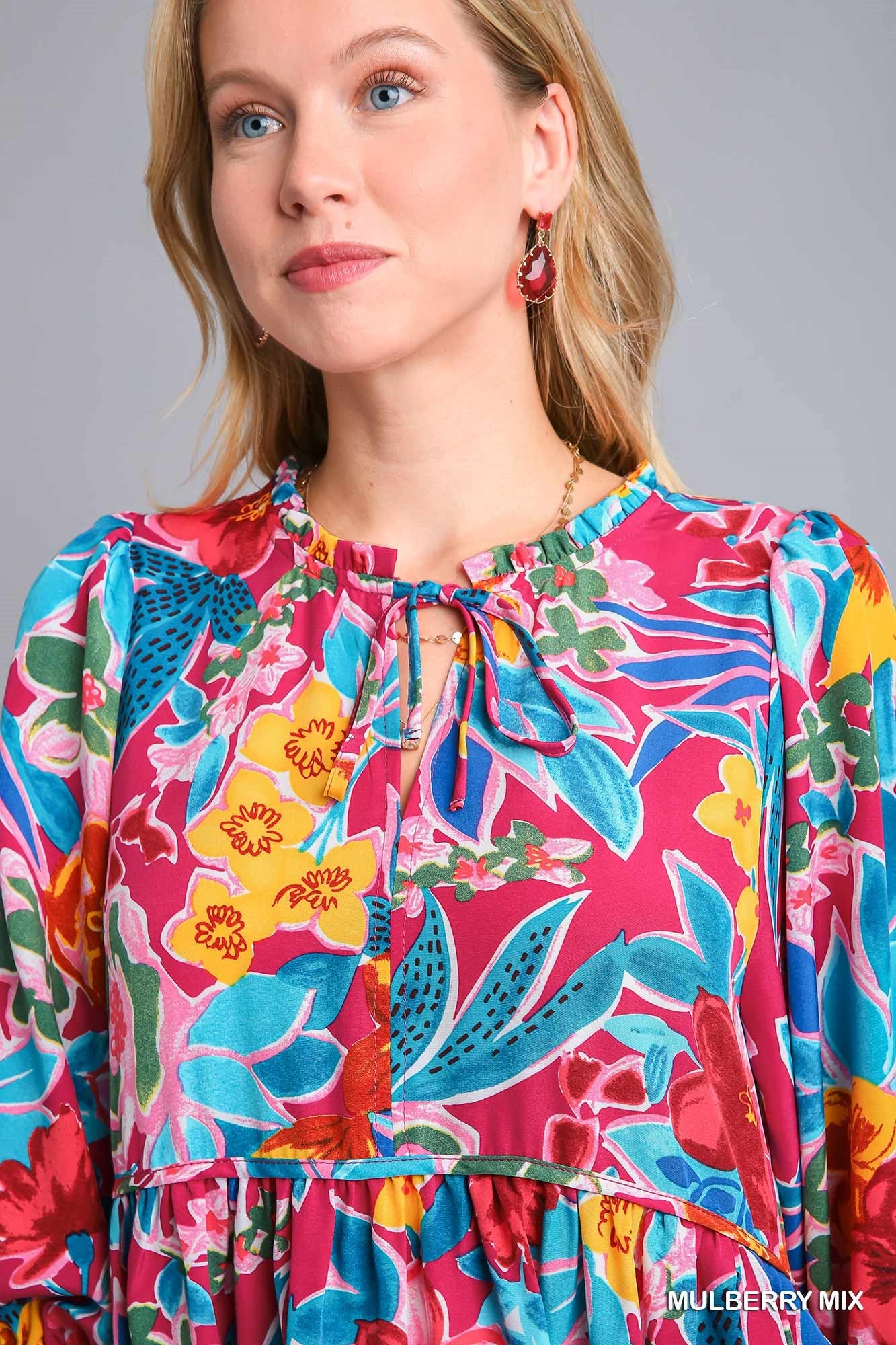 Umgee Mix Floral Print V-Notch Puff Sleeves Neck Tie Peasant Midi Dress - Roulhac Fashion Boutique