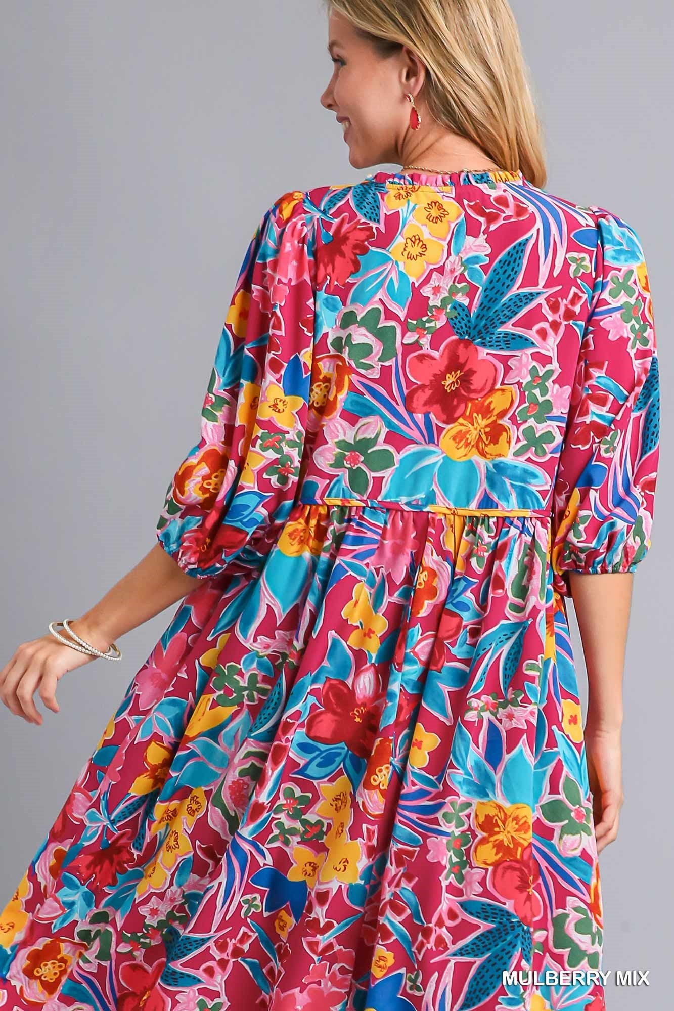 Umgee Mix Floral Print V-Notch Puff Sleeves Neck Tie Peasant Midi Dress - Roulhac Fashion Boutique