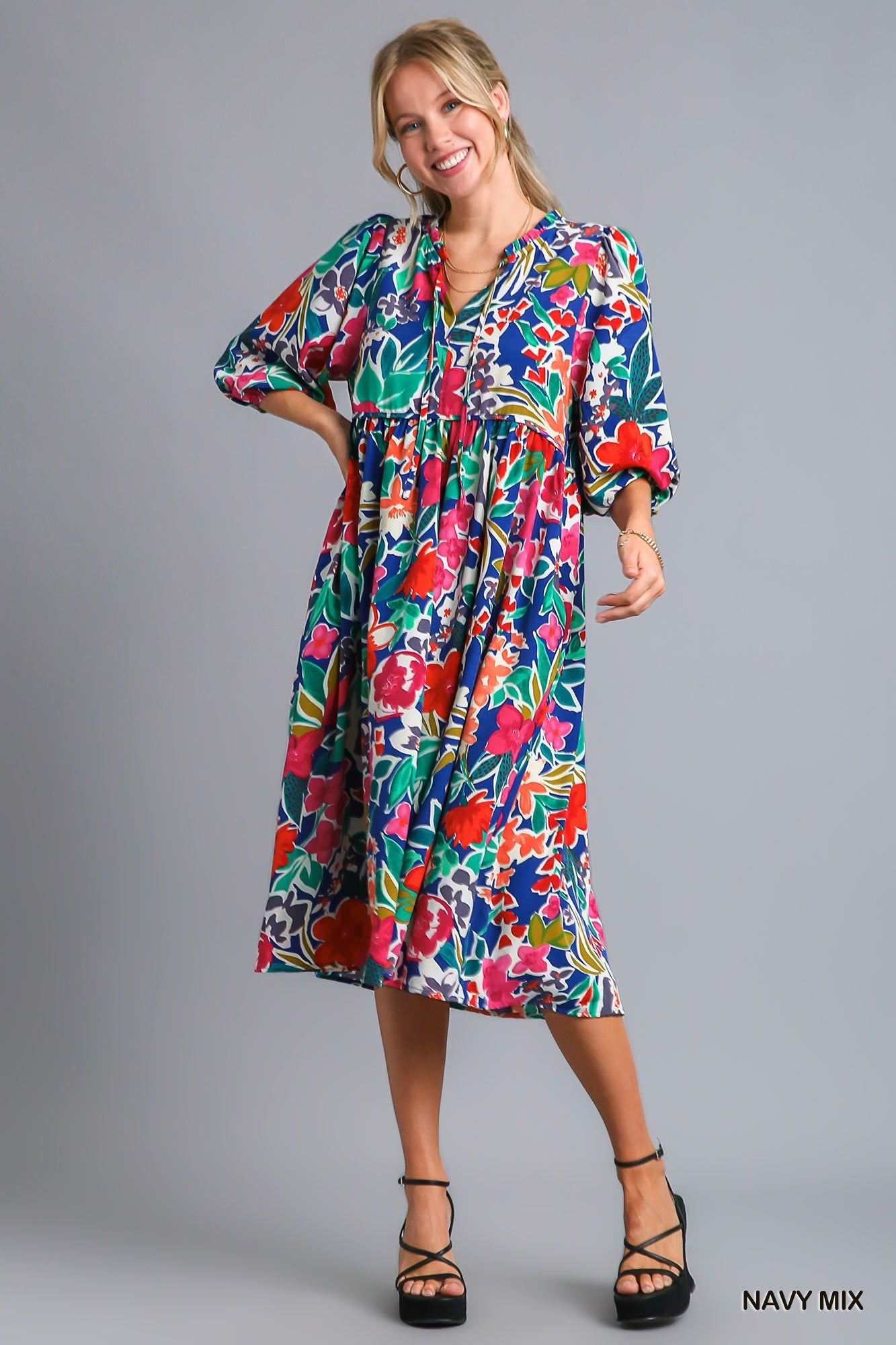 Umgee Mix Floral Print V-Notch Puff Sleeves Neck Tie Peasant Midi Dress - Roulhac Fashion Boutique