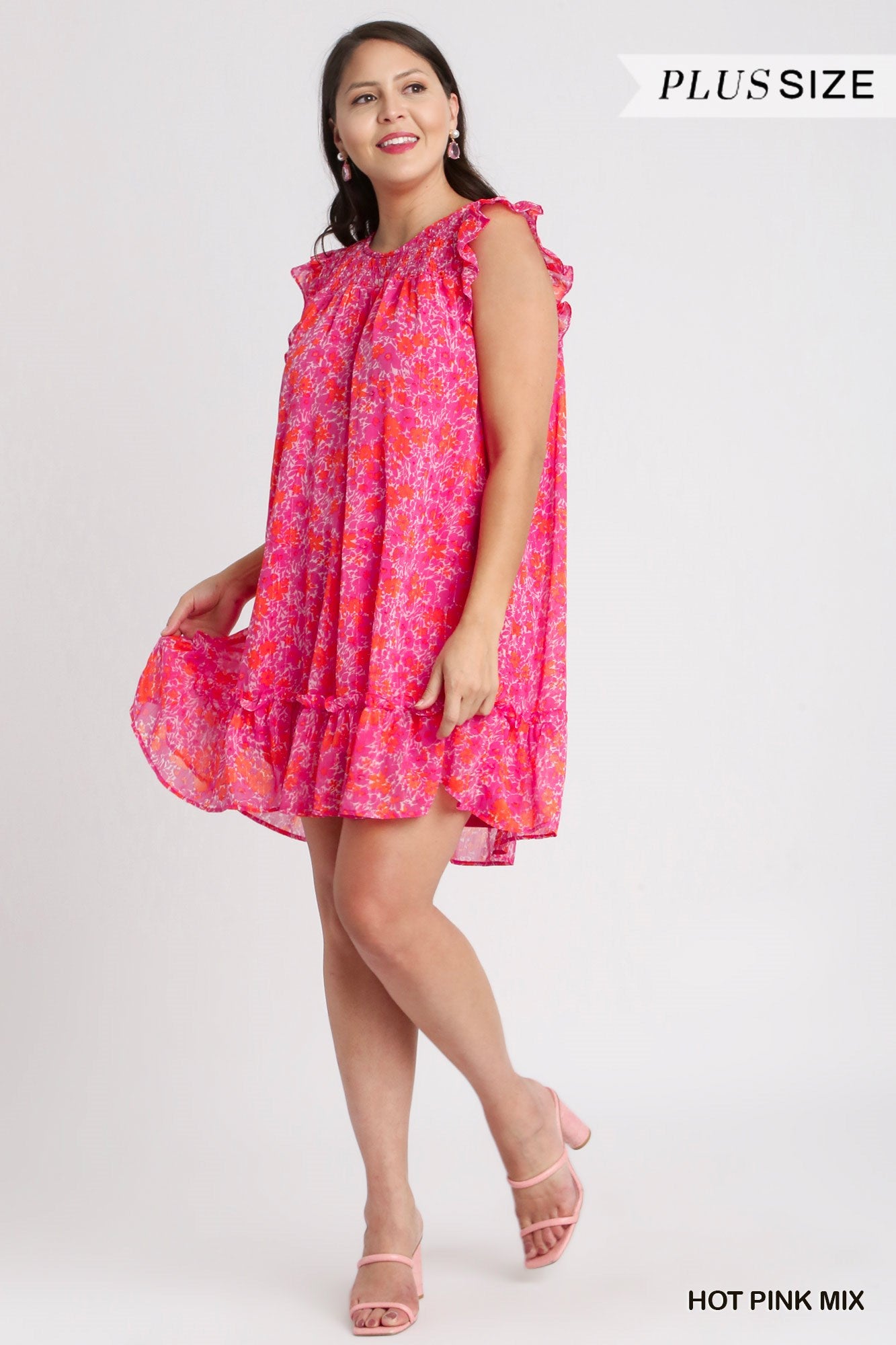 Umgee Plus Floral Metallic Flutter Sleeve Smocked Lining Dress