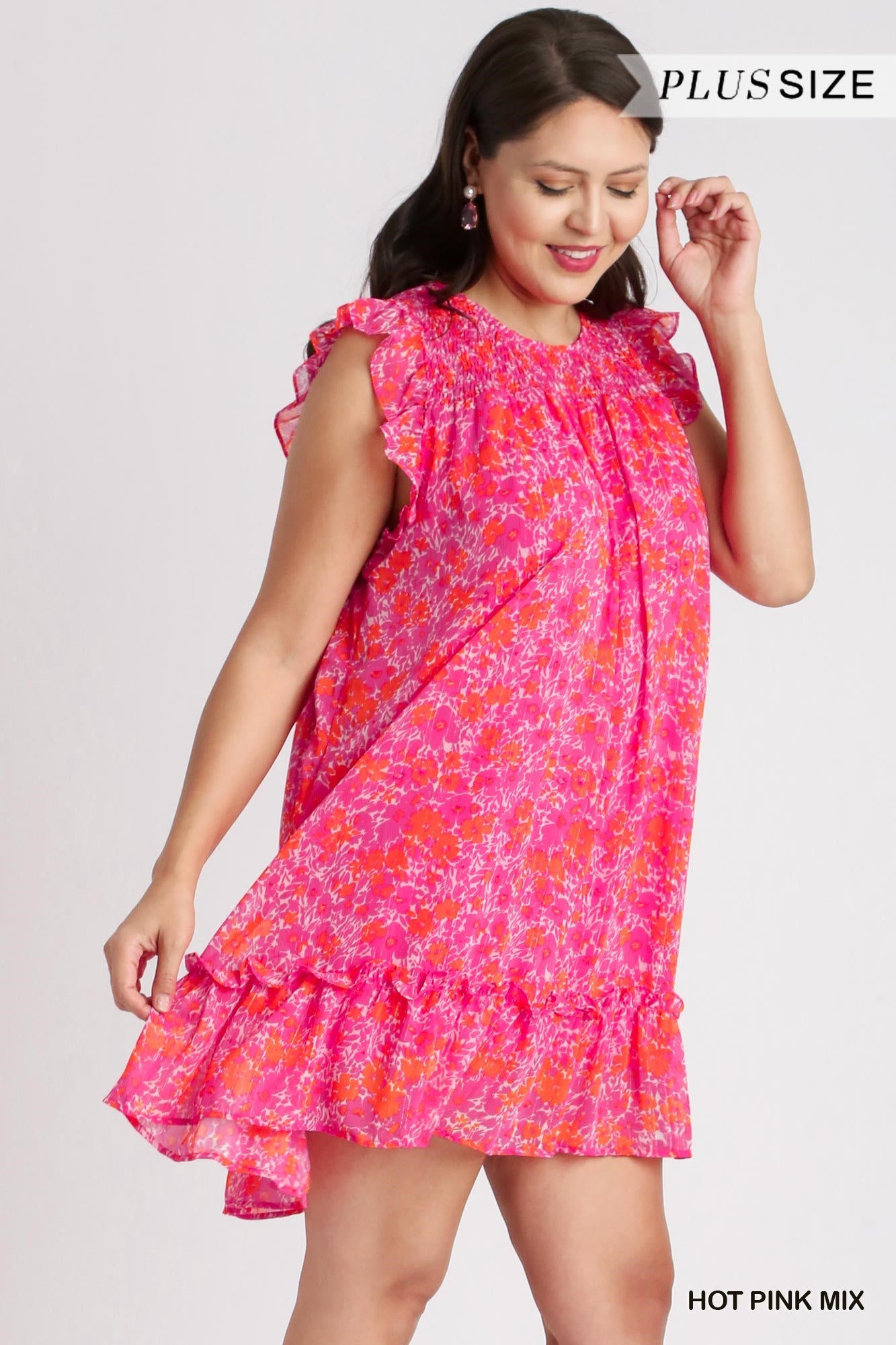 Umgee Plus Floral Metallic Flutter Sleeve Smocked Lining Dress