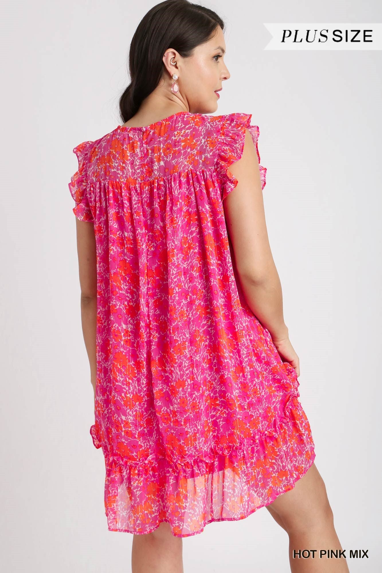 Umgee Plus Floral Metallic Flutter Sleeve Smocked Lining Dress