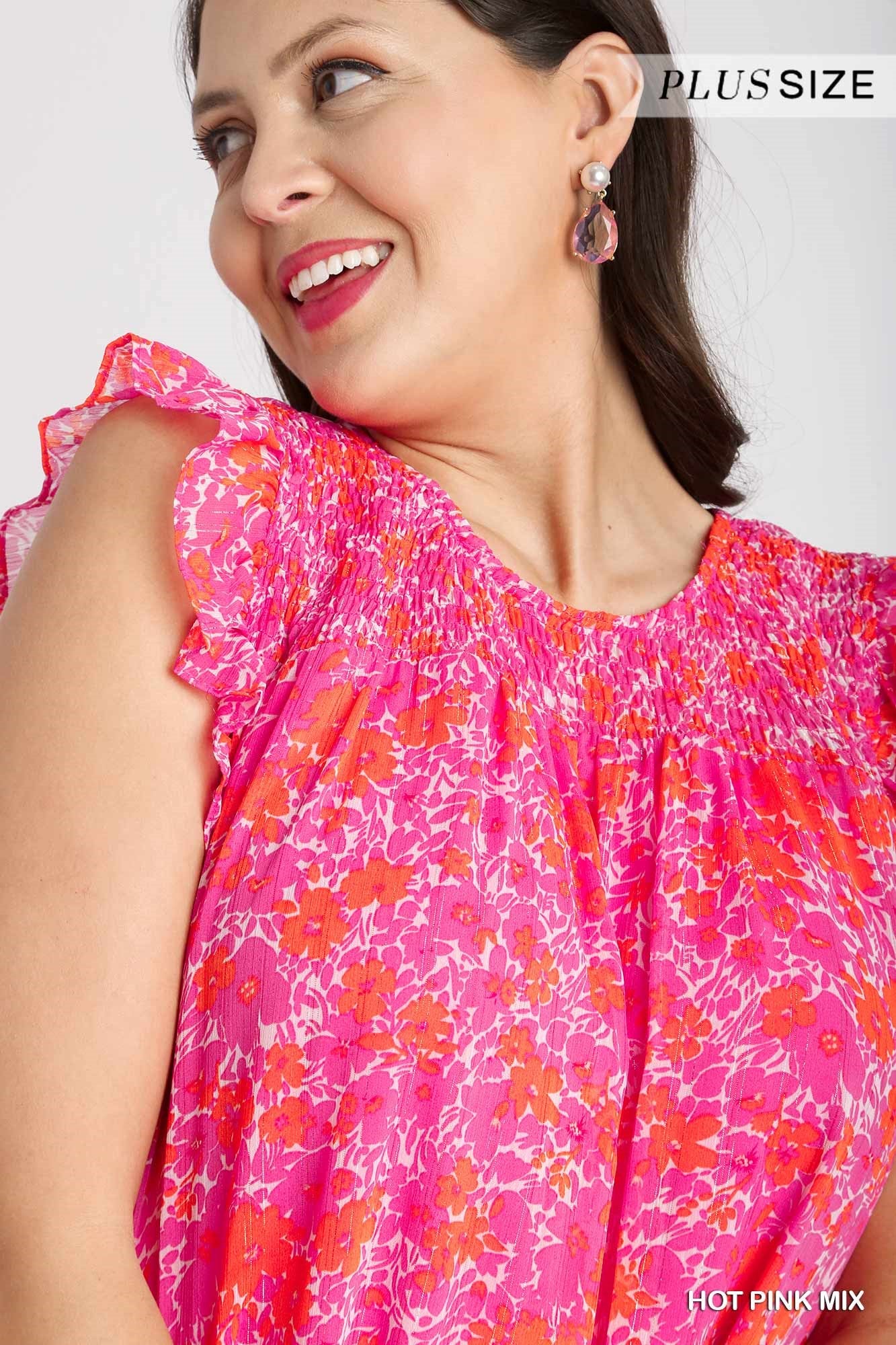 Umgee Plus Floral Metallic Flutter Sleeve Smocked Lining Dress