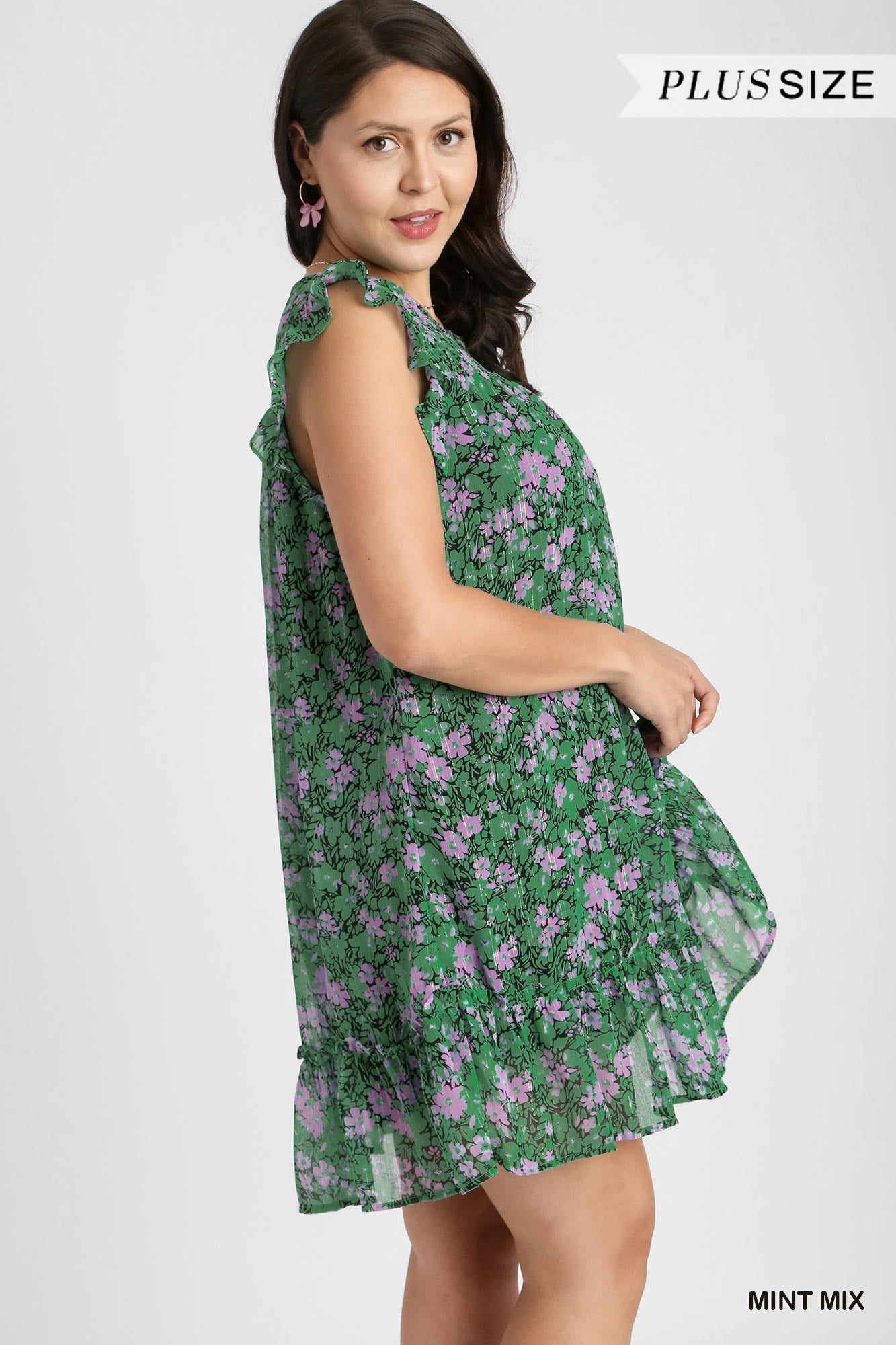 Umgee Plus Floral Metallic Flutter Sleeve Smocked Lining Dress