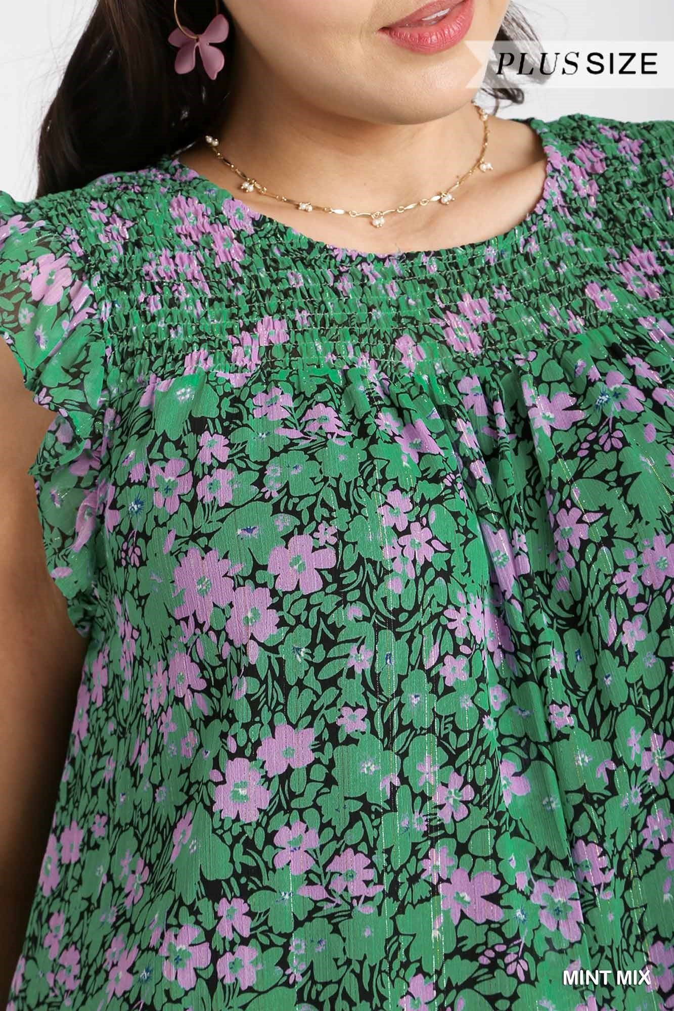 Umgee Plus Floral Metallic Flutter Sleeve Smocked Lining Dress