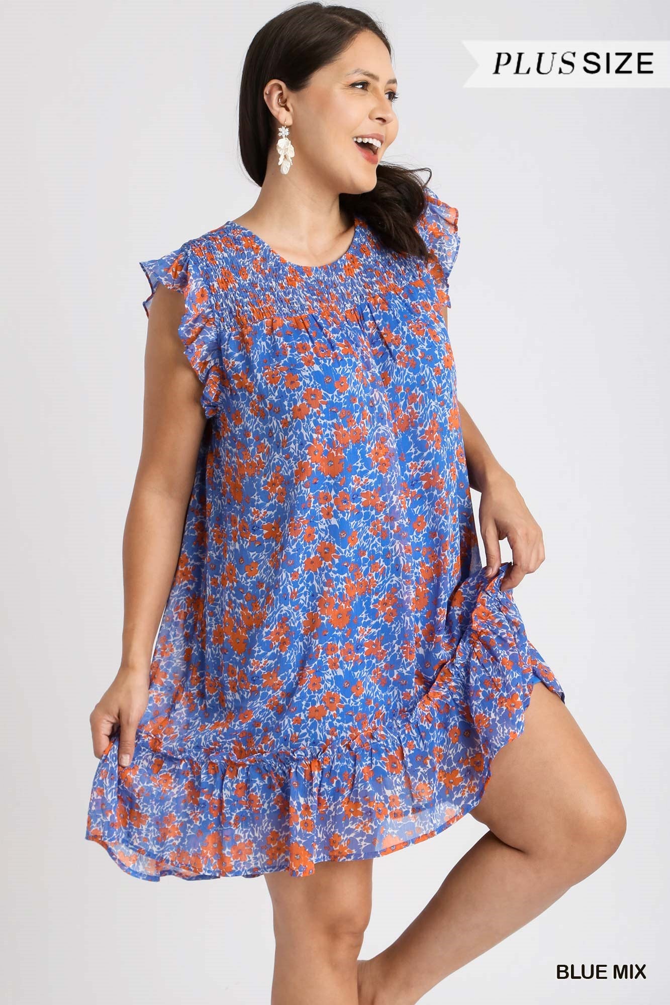 Umgee Plus Floral Metallic Flutter Sleeve Smocked Lining Dress