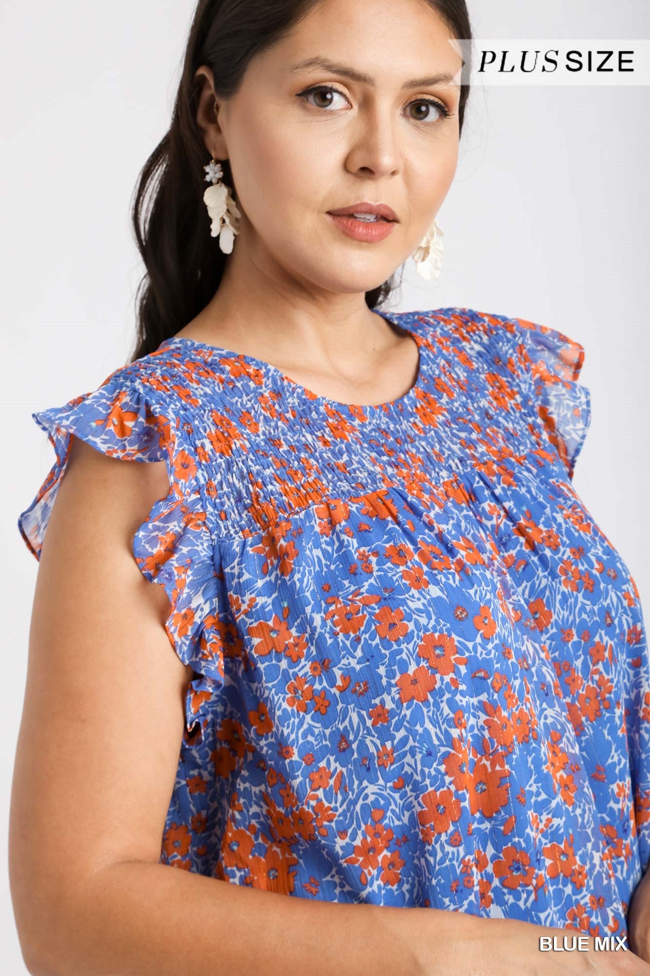 Umgee Plus Floral Metallic Flutter Sleeve Smocked Lining Dress