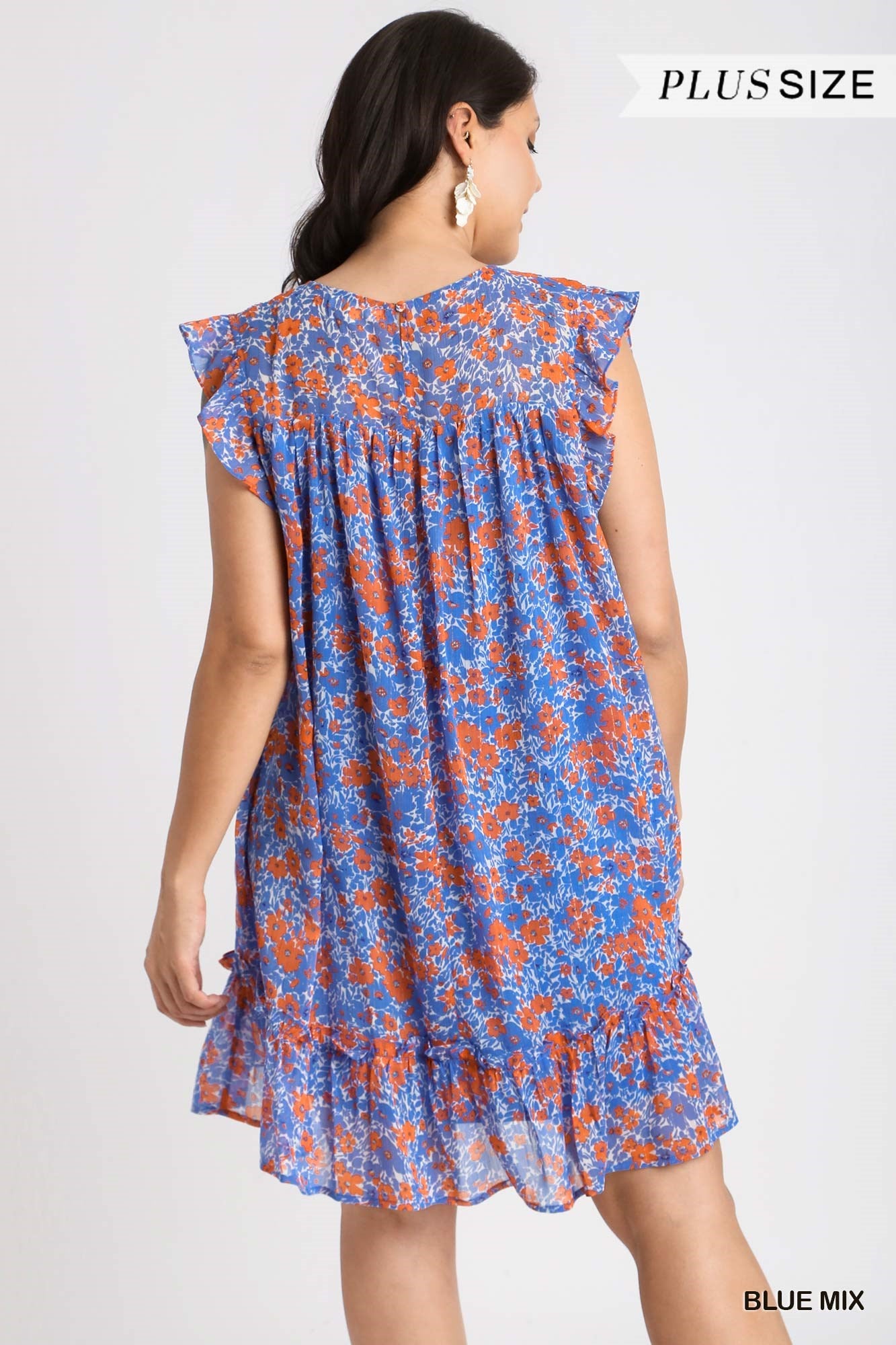 Umgee Plus Floral Metallic Flutter Sleeve Smocked Lining Dress