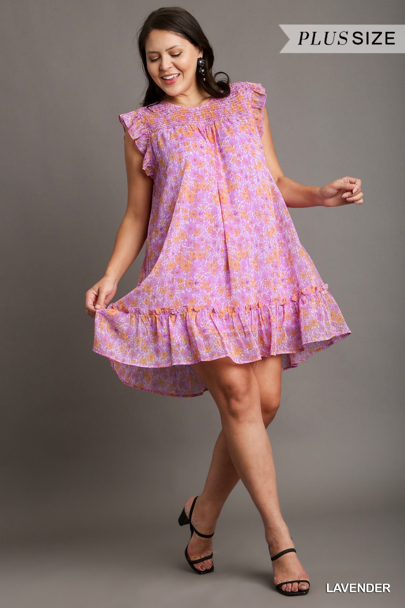Umgee Plus Floral Metallic Flutter Sleeve Smocked Lining Dress