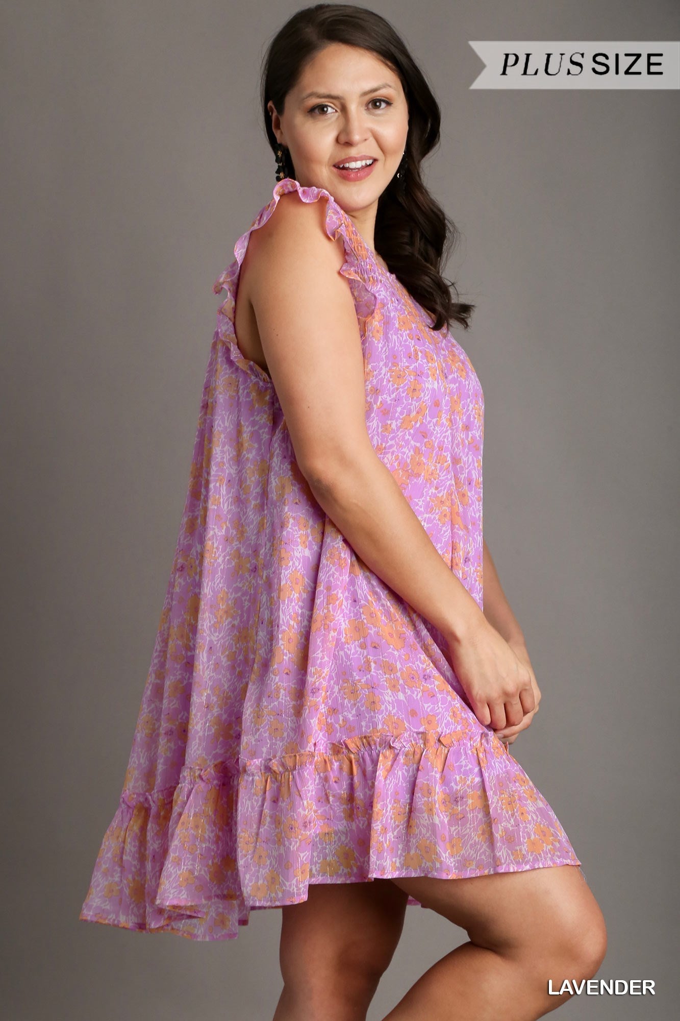 Umgee Plus Floral Metallic Flutter Sleeve Smocked Lining Dress