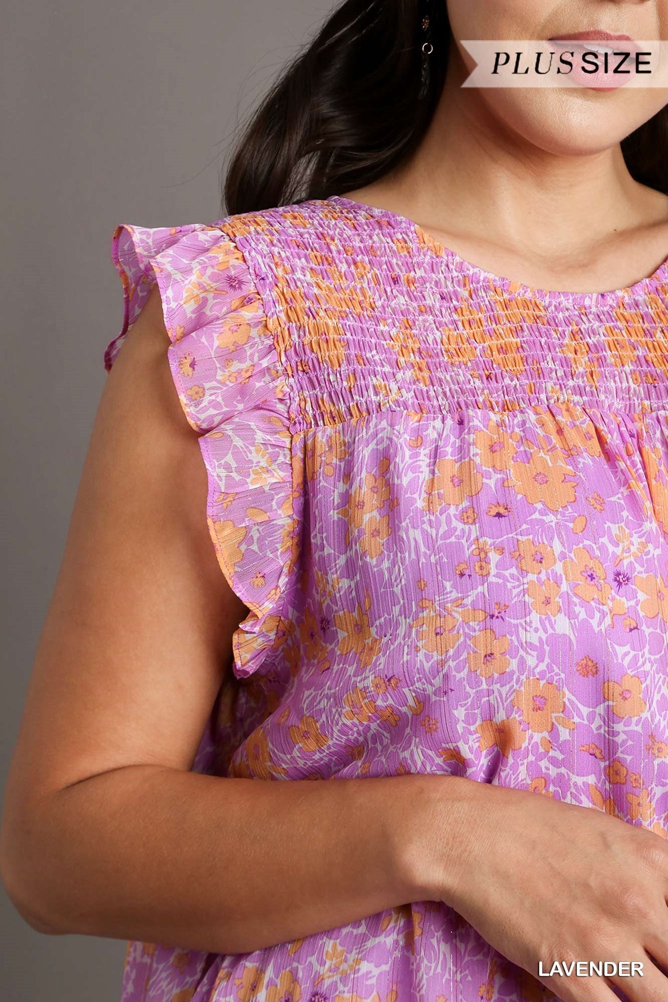 Umgee Plus Floral Metallic Flutter Sleeve Smocked Lining Dress