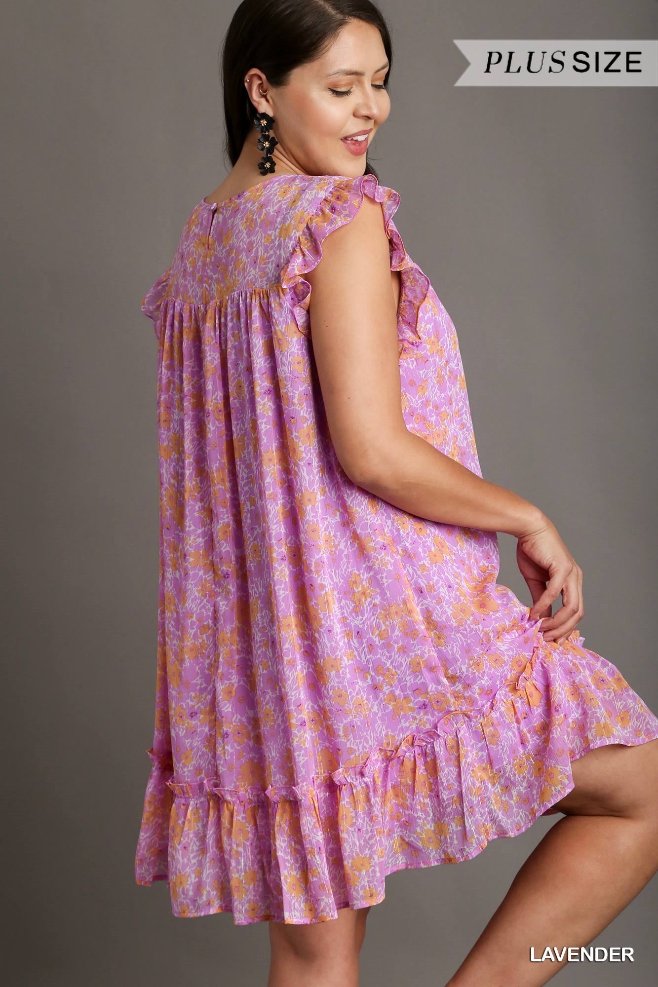 Umgee Plus Floral Metallic Flutter Sleeve Smocked Lining Dress