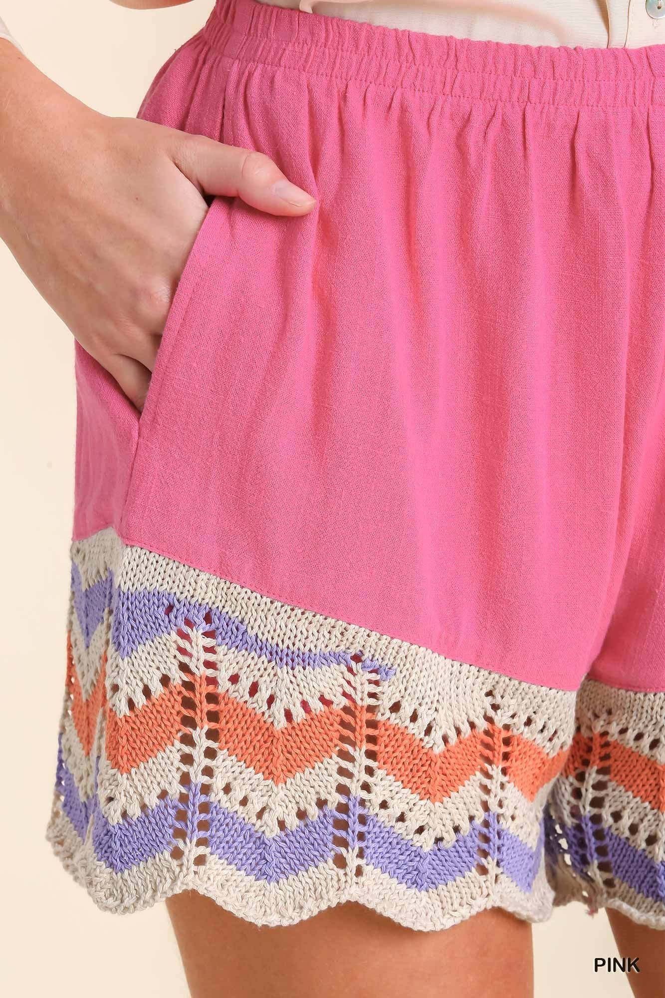 Umgee Linen Blend Elasticated High Waisted Pull On Crochet Trim Shorts