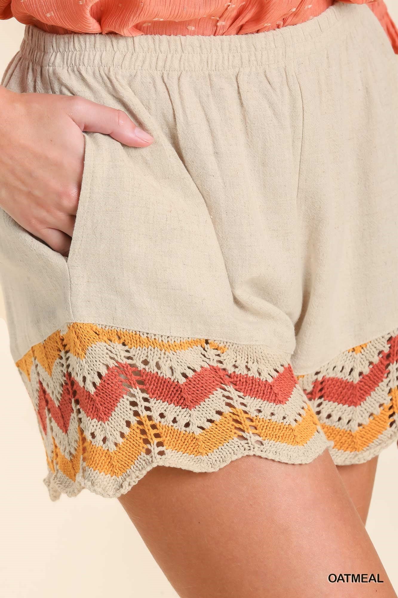 Umgee Linen Blend Elasticated High Waisted Pull On Crochet Trim Shorts