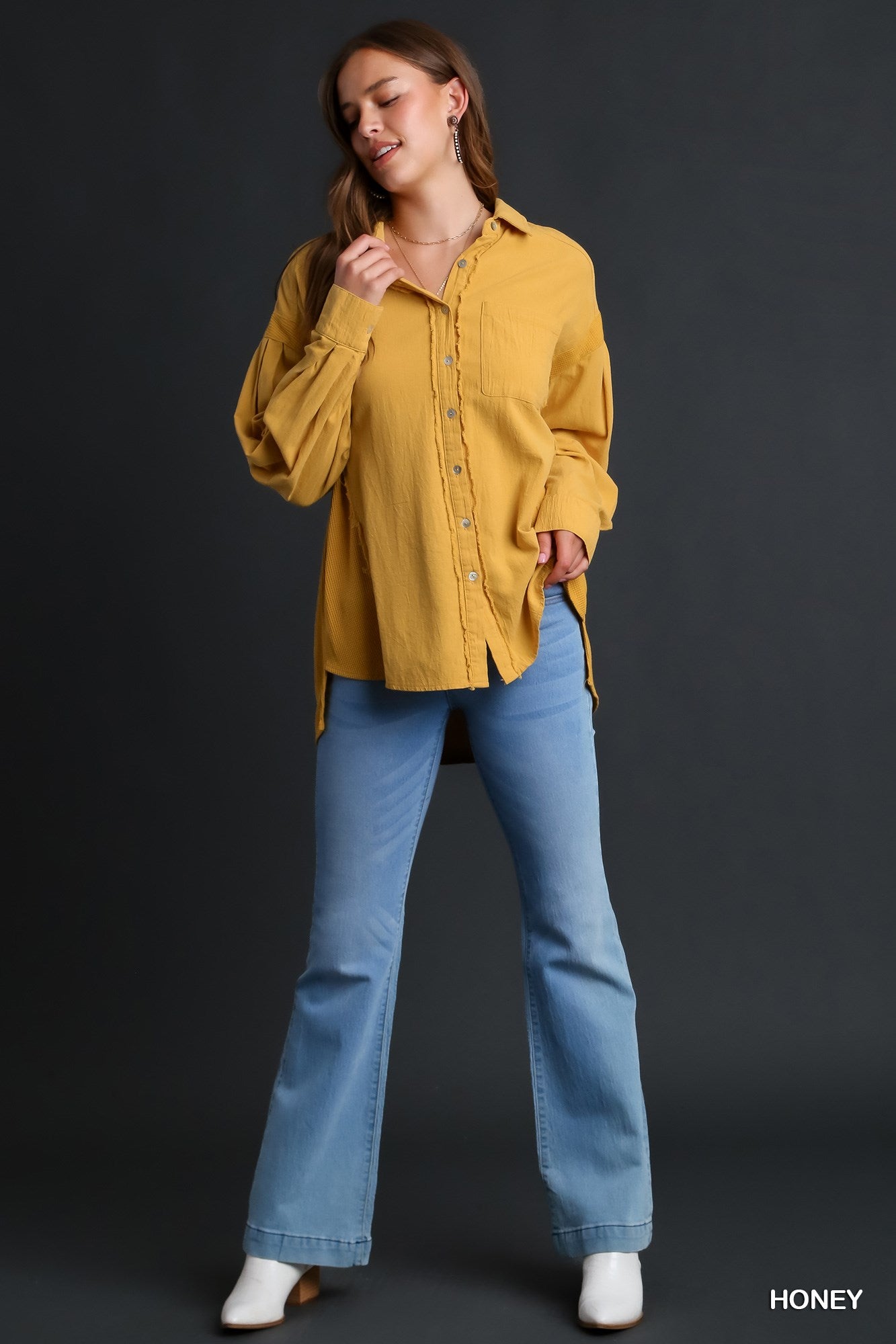 Umgee Waffle Knit Button Down Long Sleeve Contrast Jacket - Roulhac Fashion Boutique