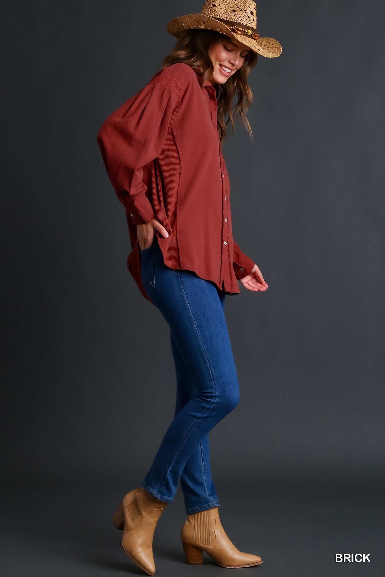 Umgee Waffle Knit Button Down Long Sleeve Contrast Jacket - Roulhac Fashion Boutique