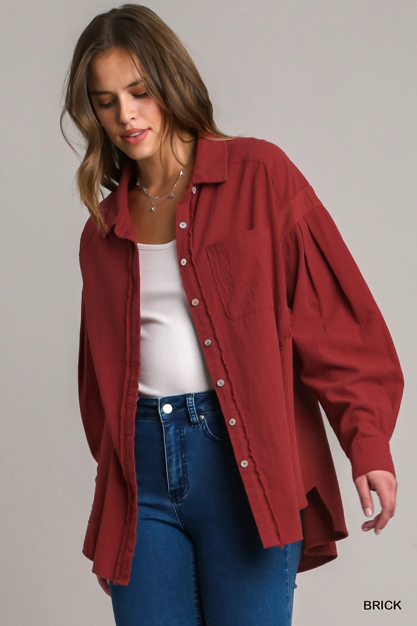 Umgee Waffle Knit Button Down Long Sleeve Contrast Jacket - Roulhac Fashion Boutique