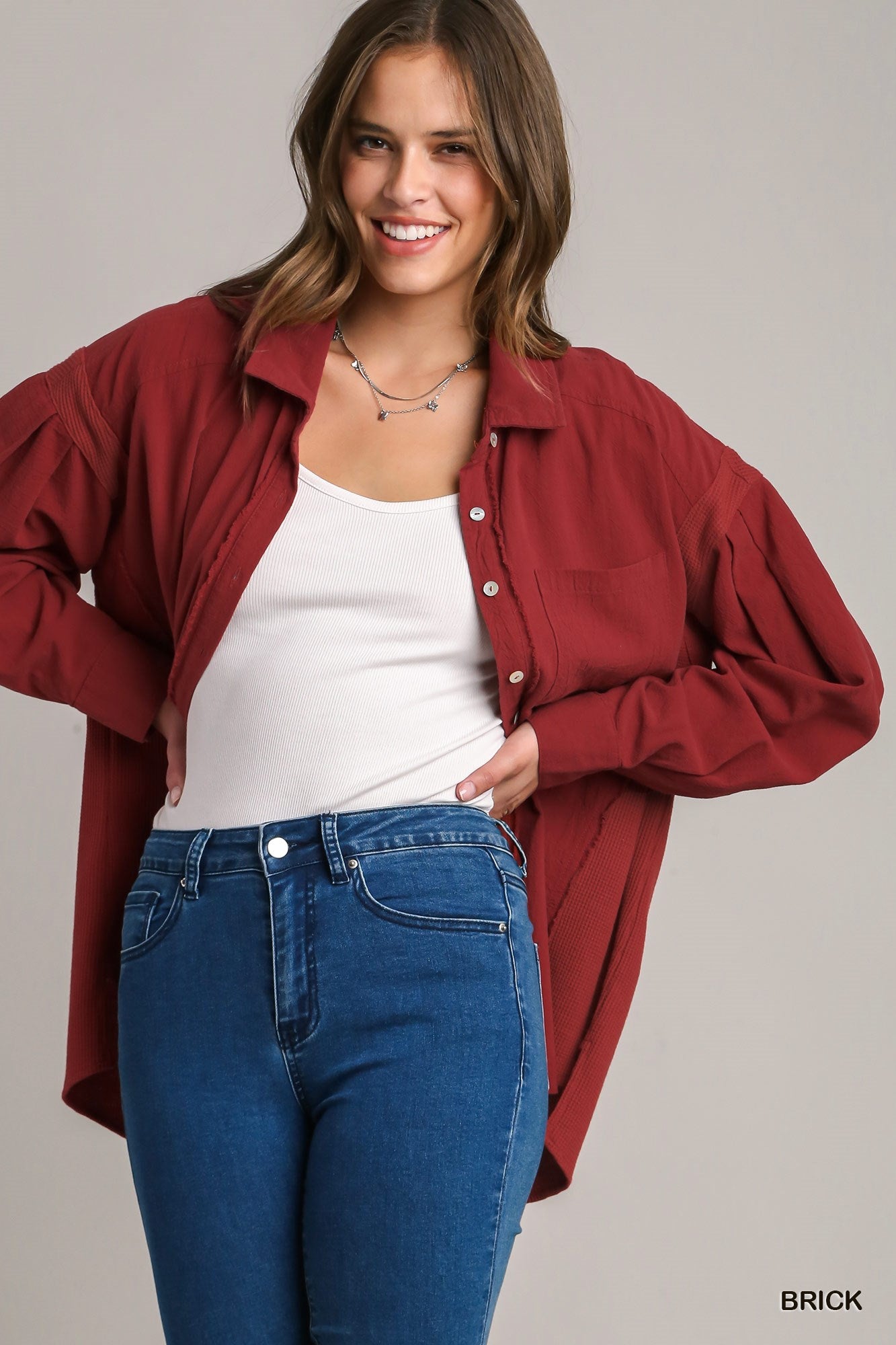 Umgee Waffle Knit Button Down Long Sleeve Contrast Jacket - Roulhac Fashion Boutique