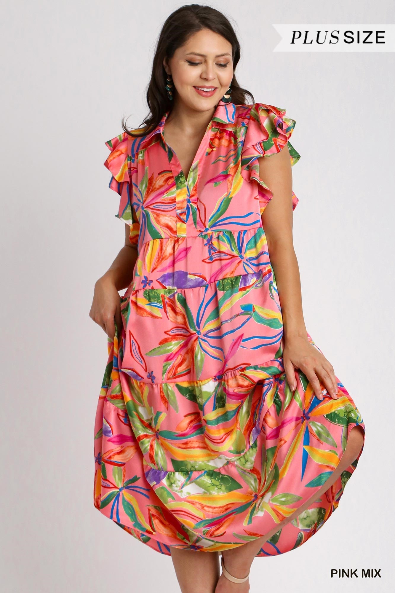 Umgee Plus Leaf Print Double Layered Flutter Sleeves Tiered Midi Dress