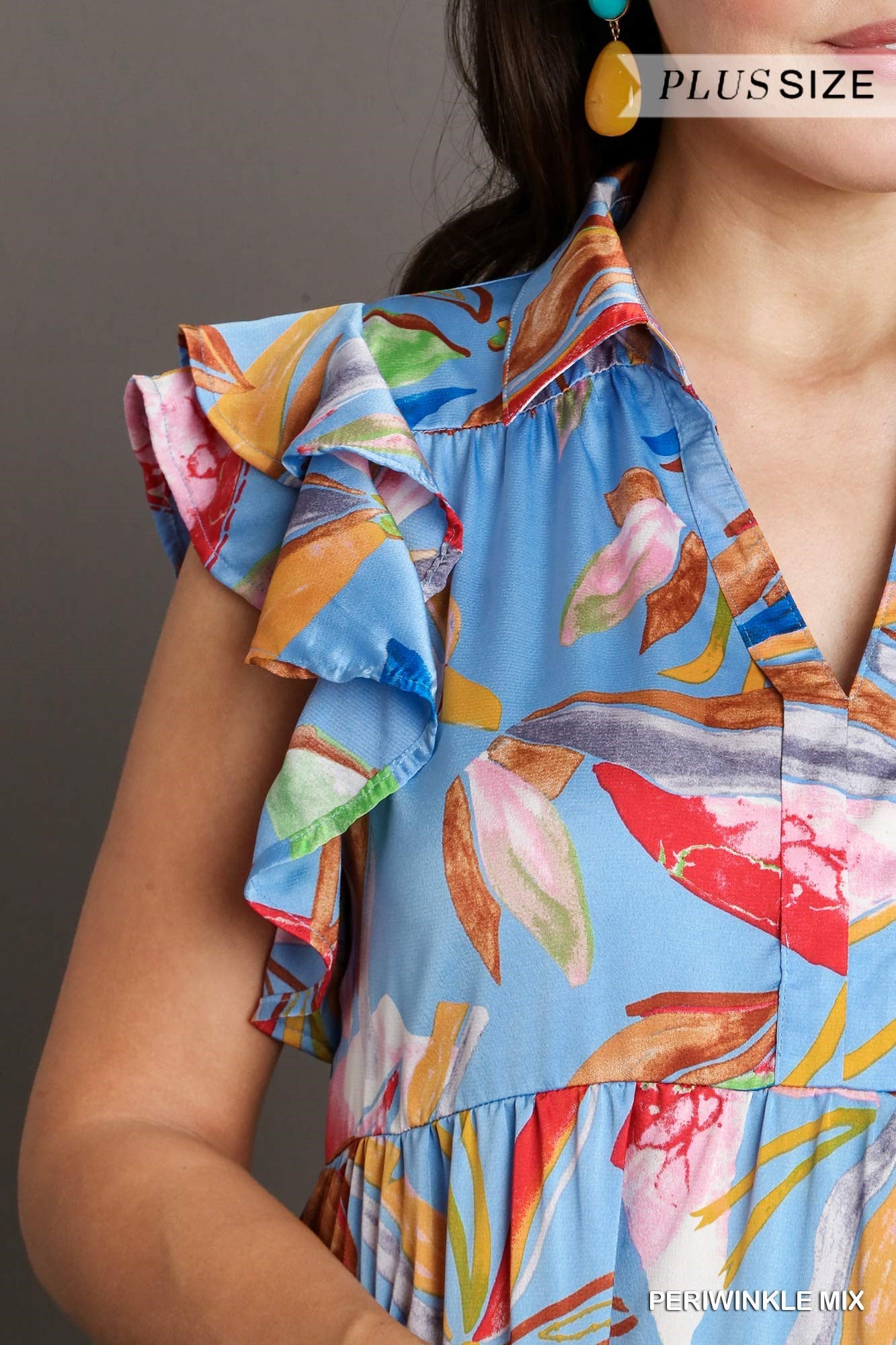 Umgee Plus Leaf Print Double Layered Flutter Sleeves Tiered Midi Dress