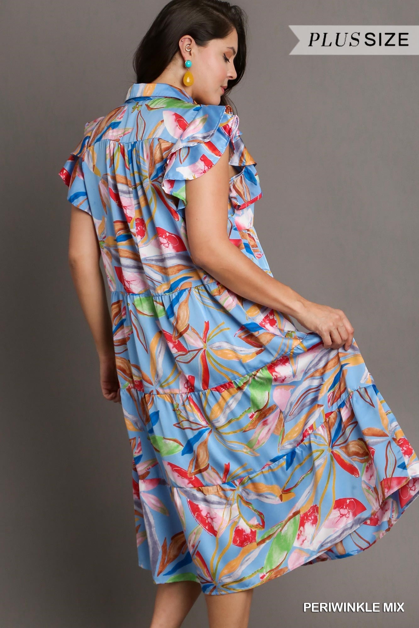 Umgee Plus Leaf Print Double Layered Flutter Sleeves Tiered Midi Dress