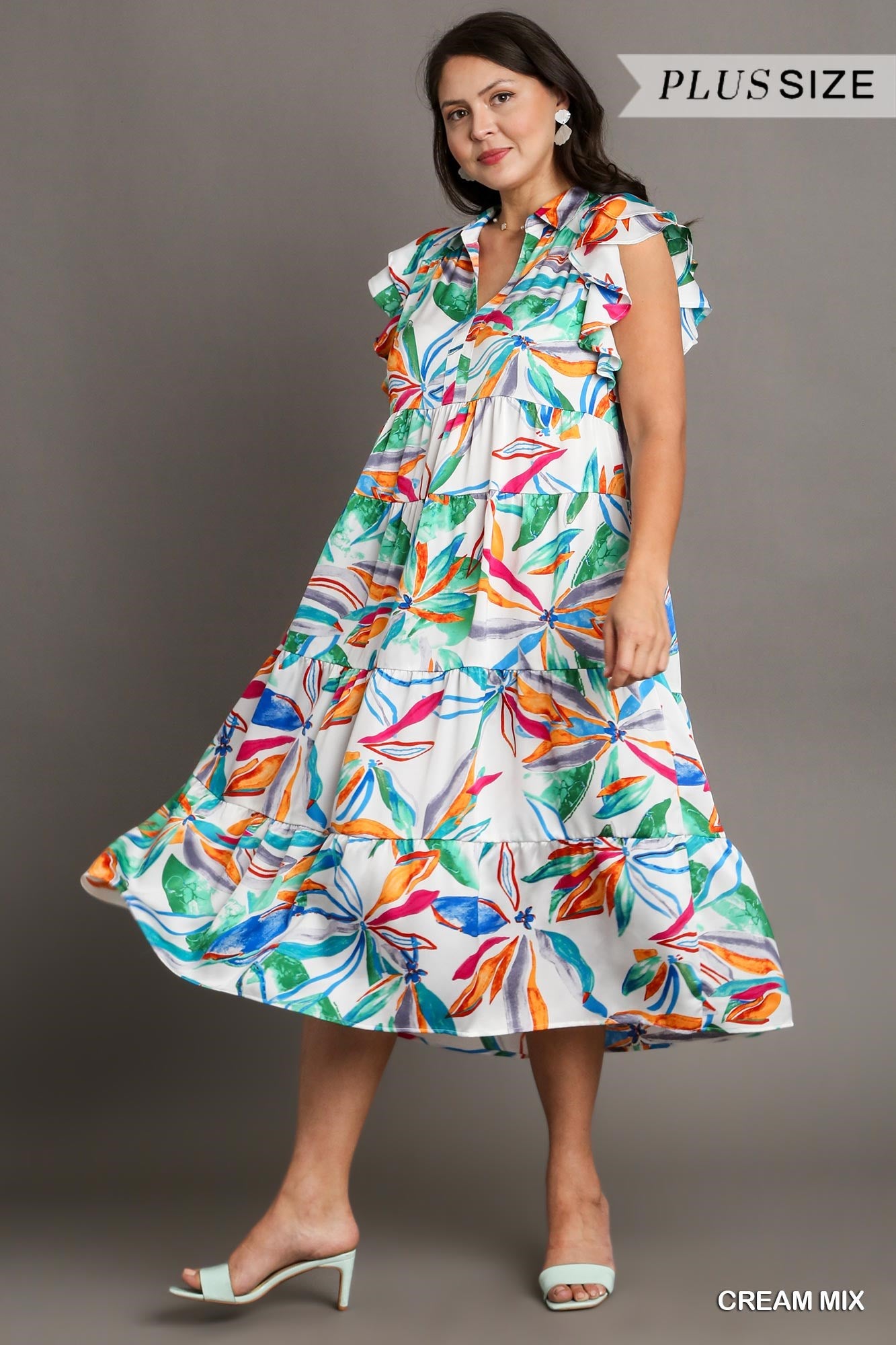 Umgee Plus Leaf Print Double Layered Flutter Sleeves Tiered Midi Dress