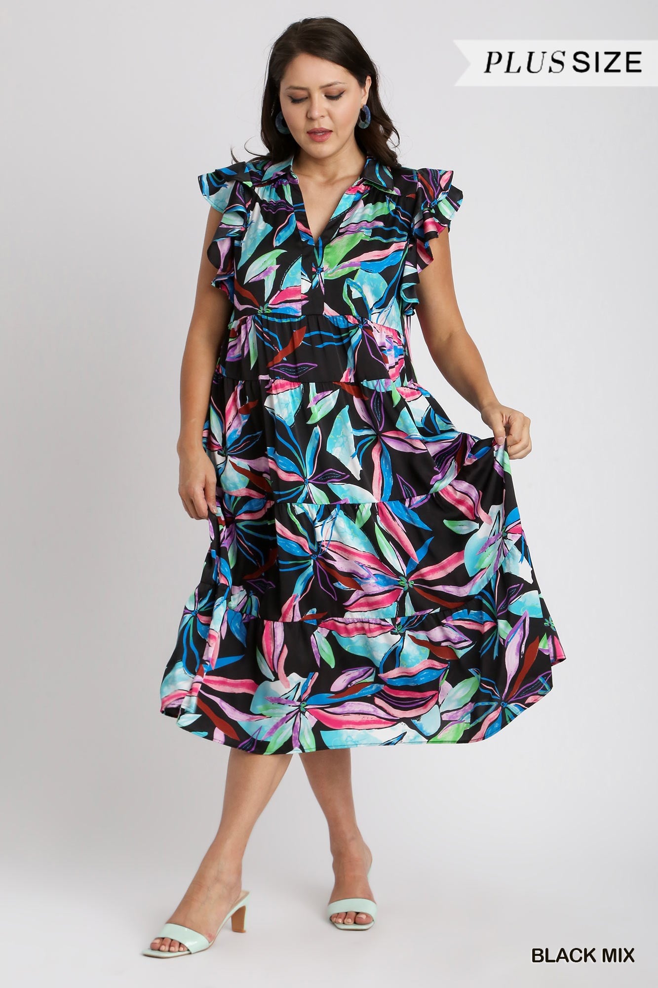 Umgee Plus Leaf Print Double Layered Flutter Sleeves Tiered Midi Dress