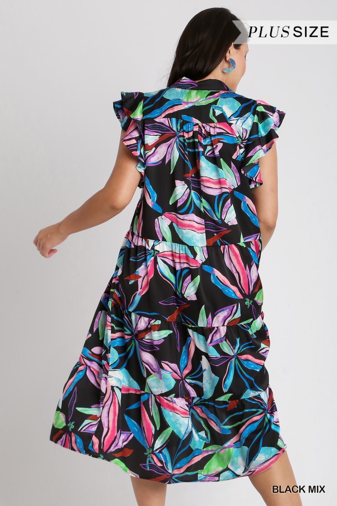 Umgee Plus Leaf Print Double Layered Flutter Sleeves Tiered Midi Dress