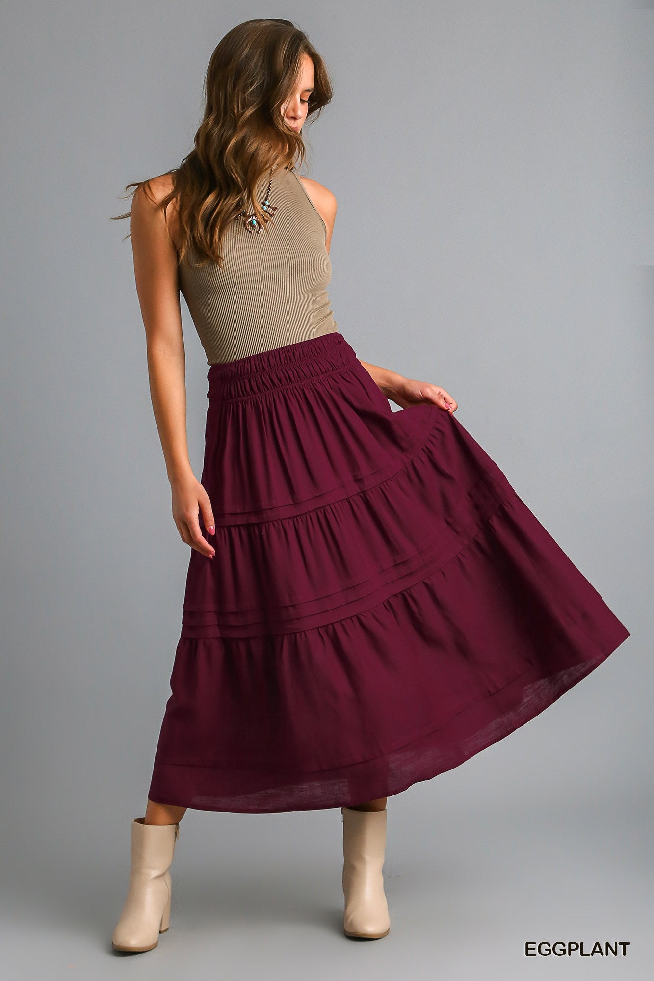 Umgee Tiered Maxi Smocked Waistband Pin-Tuck Skirt