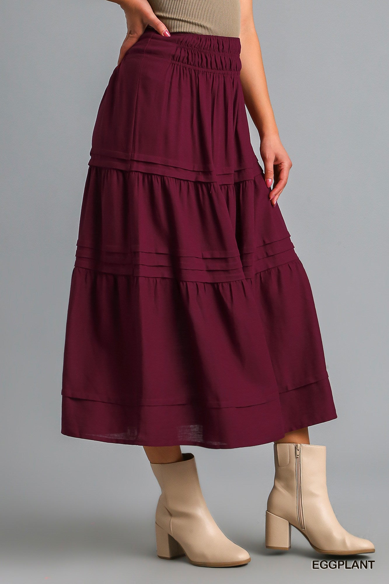 Umgee Tiered Maxi Smocked Waistband Pin-Tuck Skirt