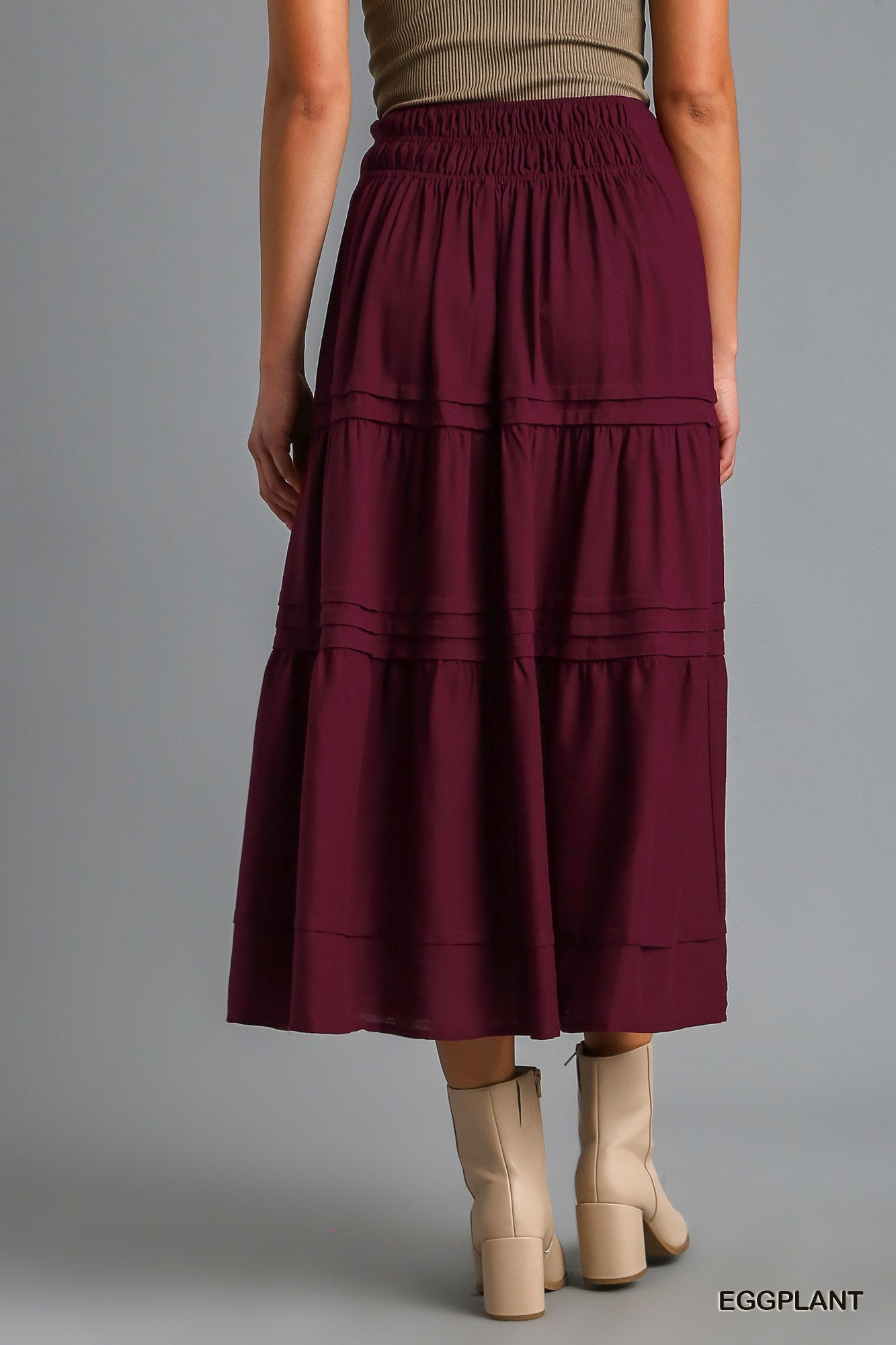 Umgee Tiered Maxi Smocked Waistband Pin-Tuck Skirt