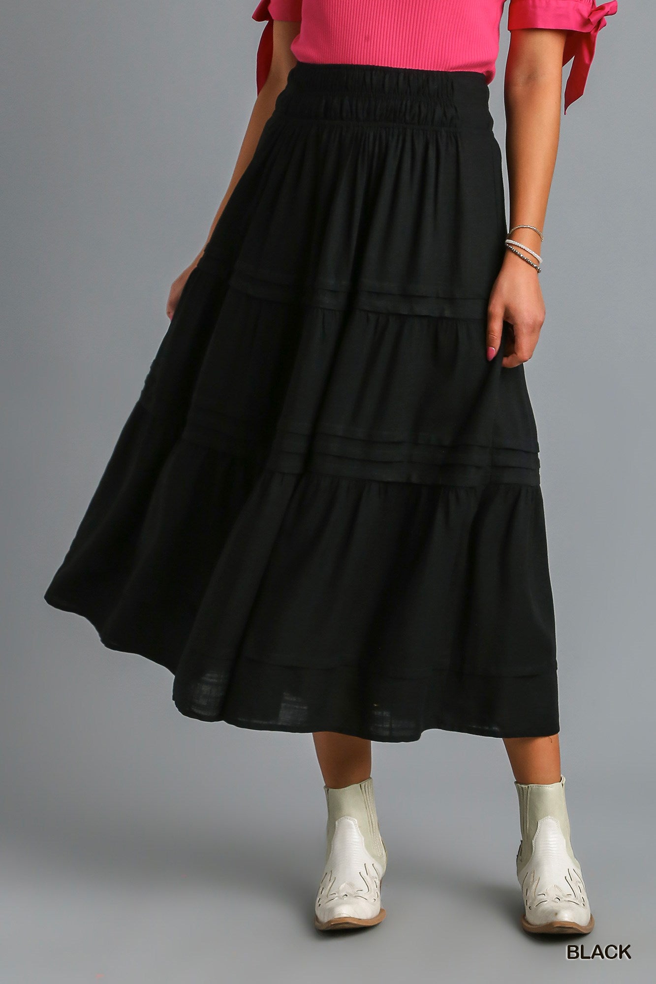 Umgee Tiered Maxi Smocked Waistband Pin-Tuck Skirt