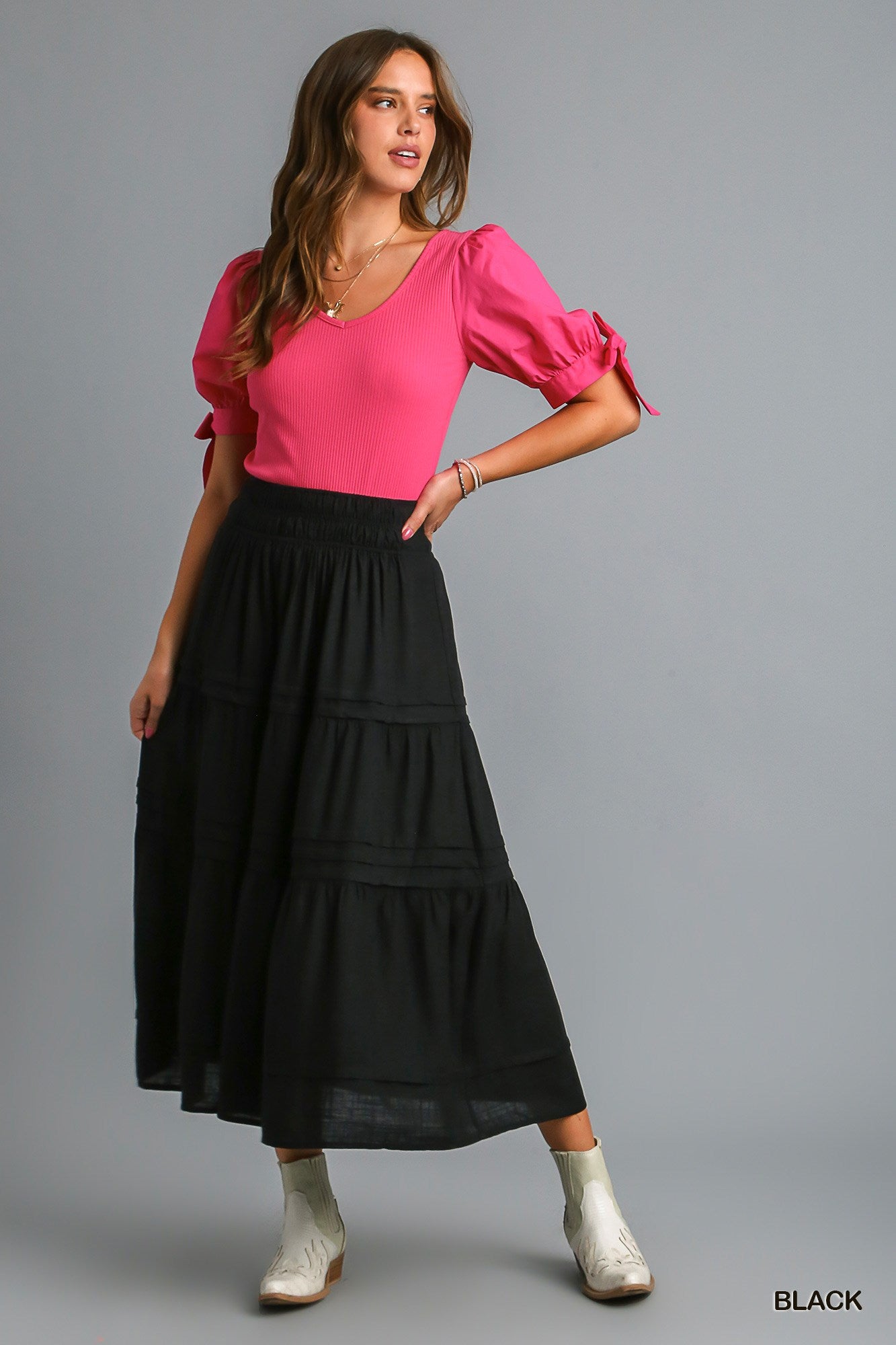 Umgee Tiered Maxi Smocked Waistband Pin-Tuck Skirt