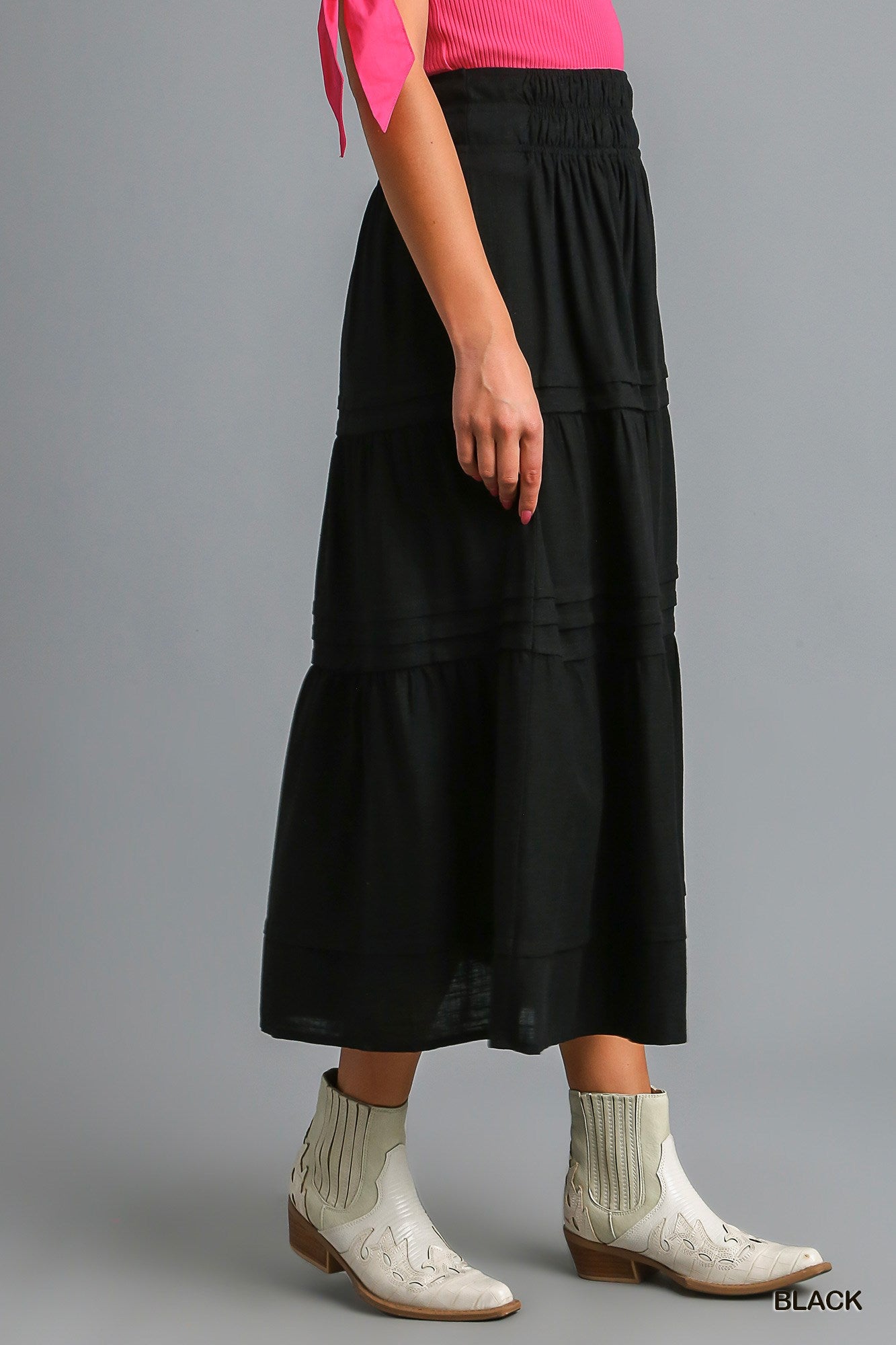 Umgee Tiered Maxi Smocked Waistband Pin-Tuck Skirt