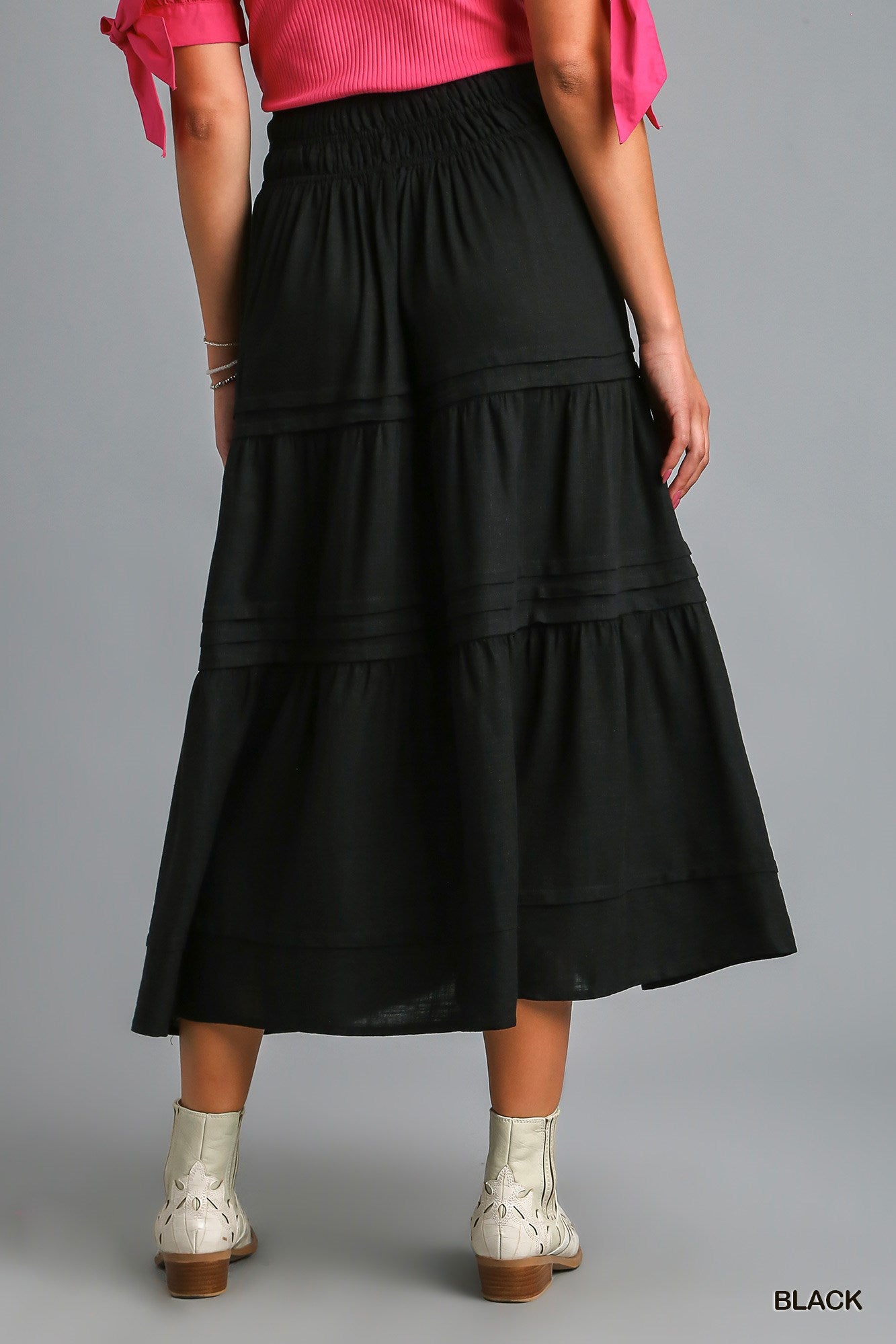 Umgee Tiered Maxi Smocked Waistband Pin-Tuck Skirt
