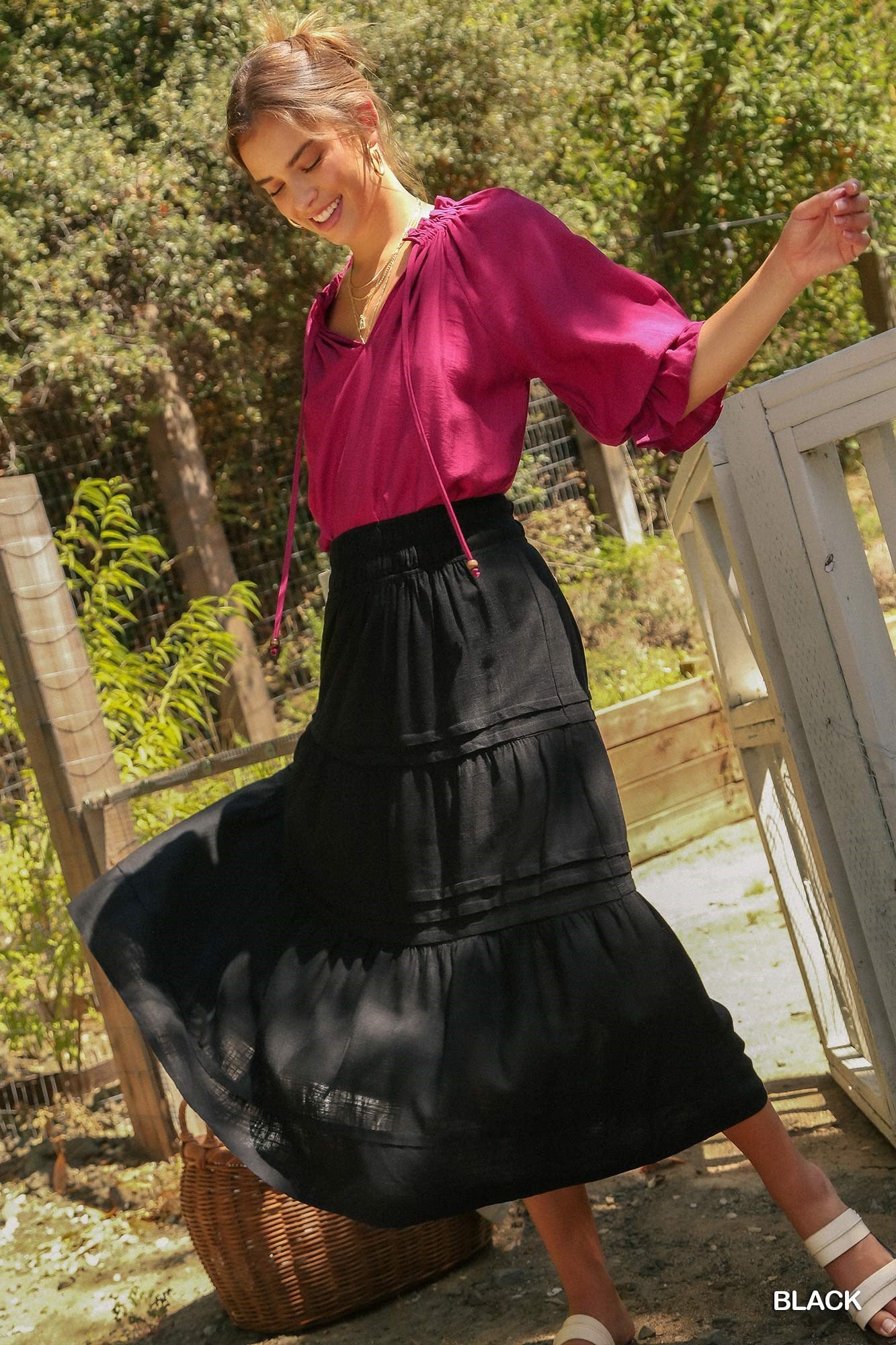 Umgee Tiered Maxi Smocked Waistband Pin-Tuck Skirt