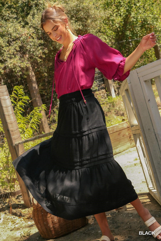 Umgee Tiered Maxi Smocked Waistband Pin-Tuck Skirt